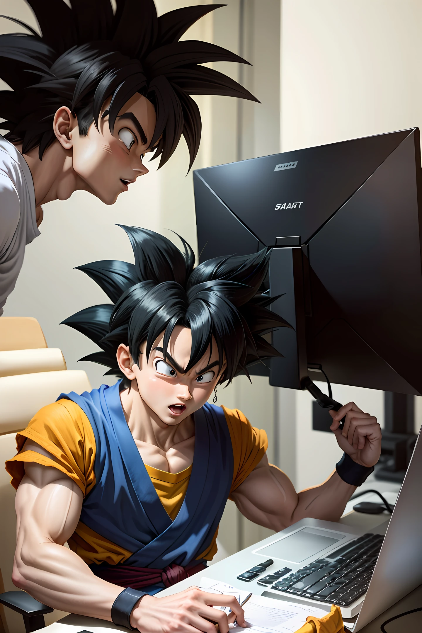 Goku in Dragon Ball is playing with the computer