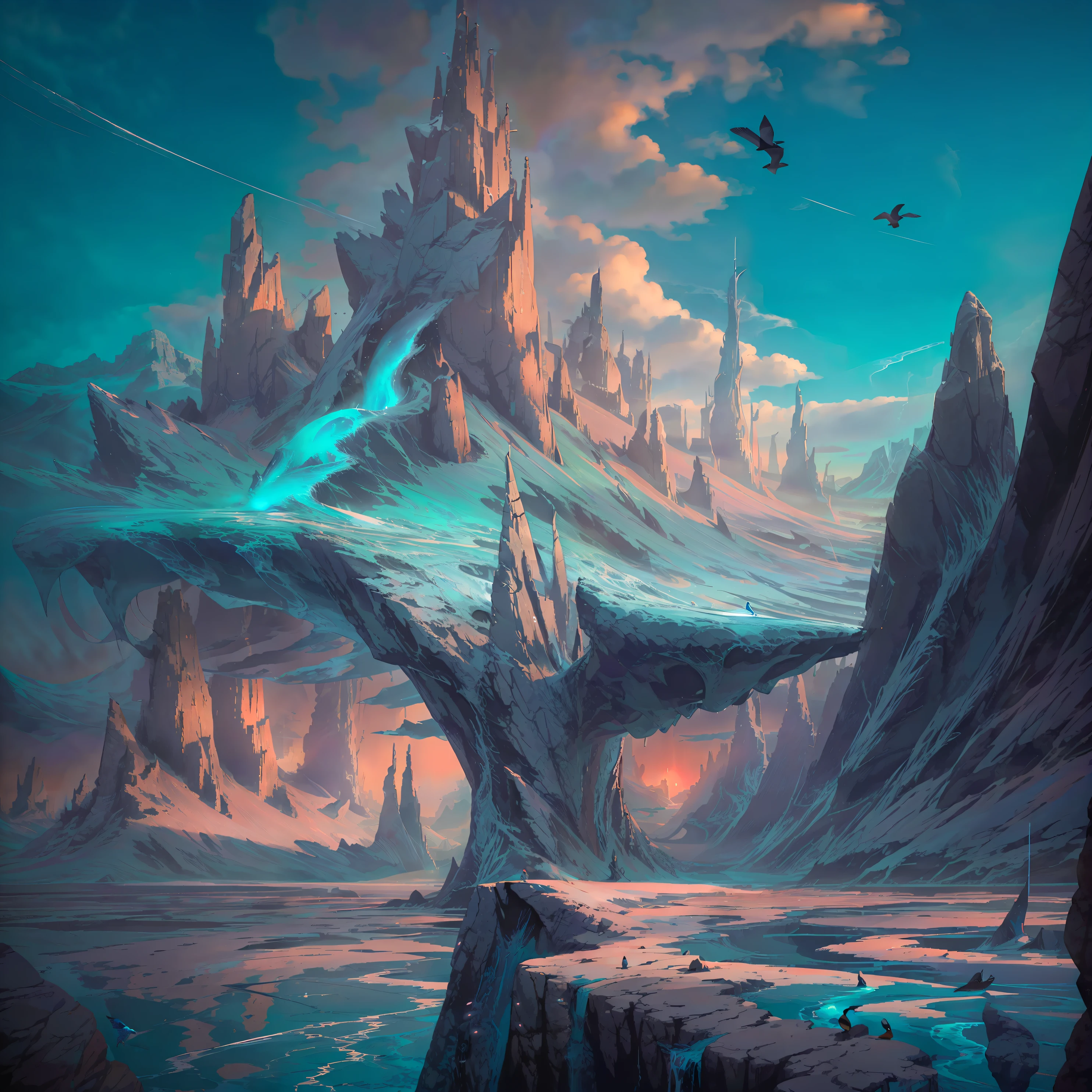 the mountain , ocean,  ((tiffany colors)), highly detailed, in the style of marvel,  fantasy, highly detailed, digital painting, trending on artstation, concept art, sharp focus, illustration, art by artgerm and greg rutkowski and fuji choko and viktoria gavrilenko and hoang lap stunning, highly detailed, 8k, ornate, intricate, semi-realistic, atmospheric, perfect composition, beautiful detailed, digital art, high quality, perfect composition, haze, dramatic lighting, professional ominous concept art, by Jim Lee and Jack Kirby, an intricate, elegant, 
highly detailed digital painting, 
concept art, smooth, sharp focus, realistic Illustrations style, this artwork has a asian design with birds, waterfalls and an oriental fantasy landscape, pastel color schemes, whimsical, otherworldly, hyper-detailed illustrations, light red and sky blue, fictional landscapes, mountainous vistas