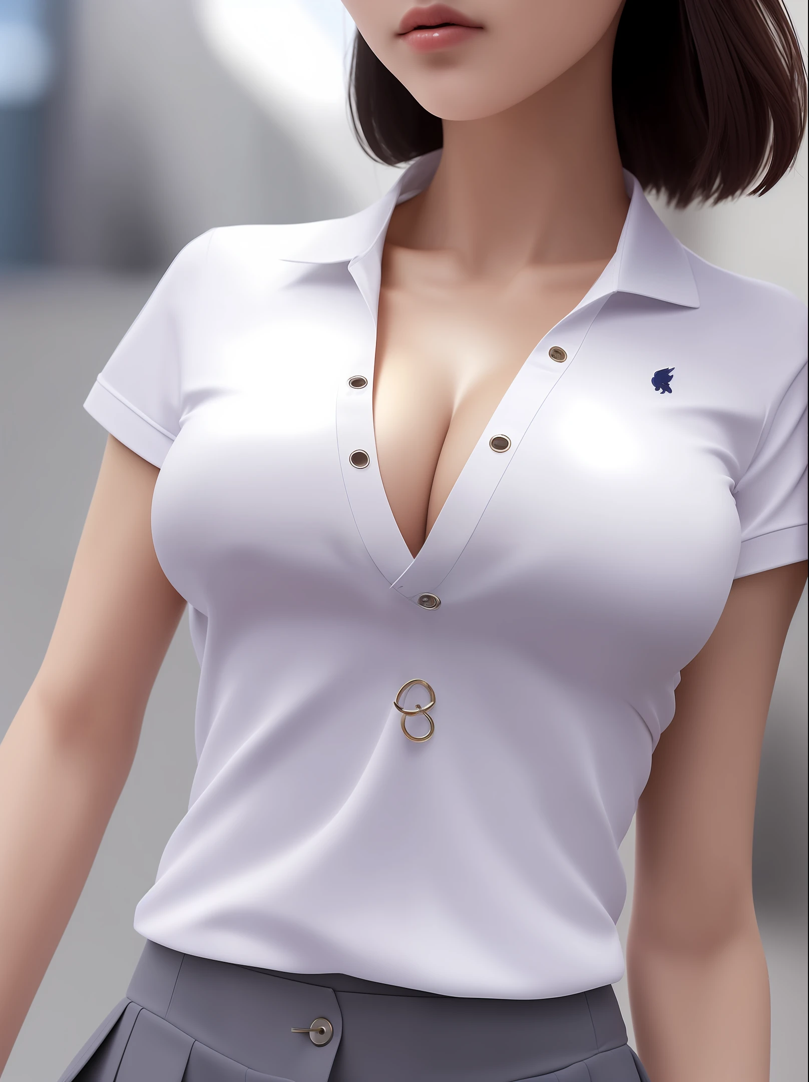 1girl, 独奏, White polo shirt, White sneakers, Suits, white mini-skirt, tmasterpiece, Best quality at best, realisticlying, ultra - detailed, (shiny skins, perspired:1.4), , looking at viewert, with short black hair, with brown eye,slenderness,Dynamic light and shadow,A high resolution,Sharp focus,depth of fields,The eyes are delicate,Sharp pupils,pupil realistic,(Bigchest:2.0),(Thigh thick:1.0),exteriors,Skysky,Need