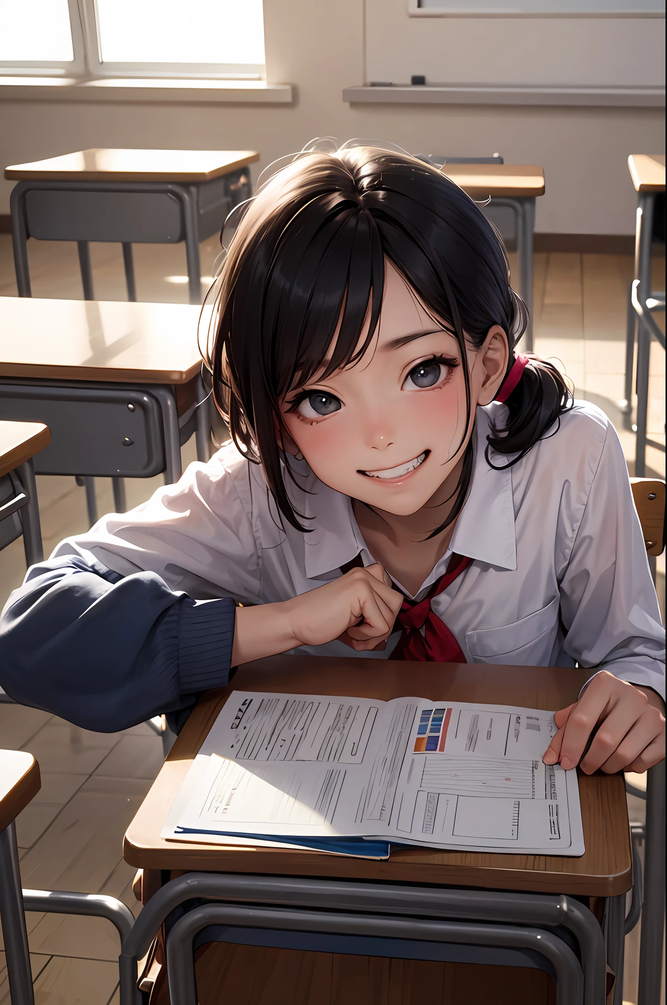Short , Classroom, tall nose bridge, There are eye bags, adolable, individuality, black hair, short ponytail, diagonal bangs, grin, Surrealism, Verism, Realism, character chart, close-up, wide shot, UHD, masterpiece, ccurate, anatomically correct, textured skin, super detail, high details, best quality, highres, 4K --auto