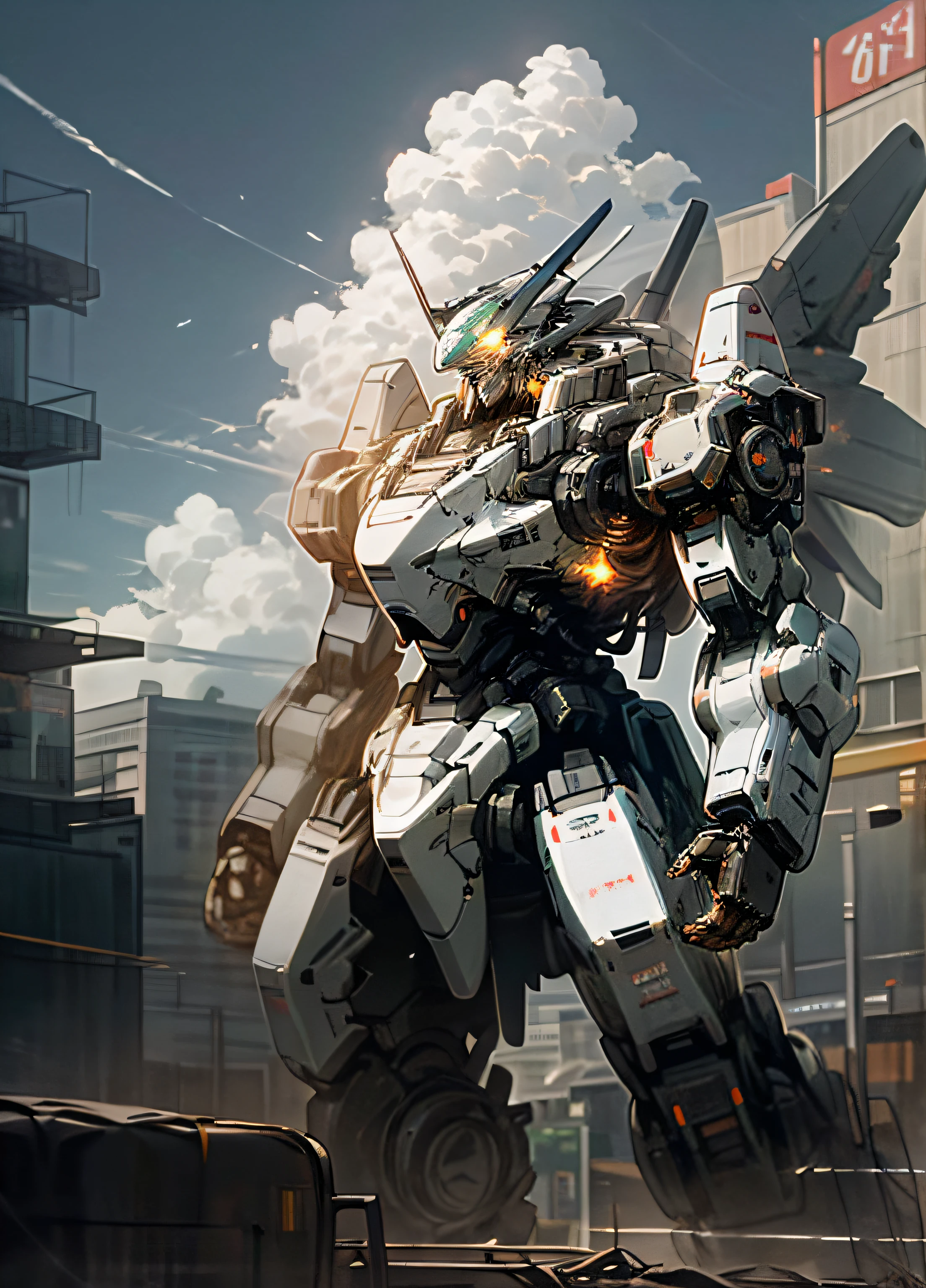 sky, cloud, holding_weapon, no_humans, glowing, , robot, building, glowing_eyes, mecha, science_fiction, city, realistic,mecha