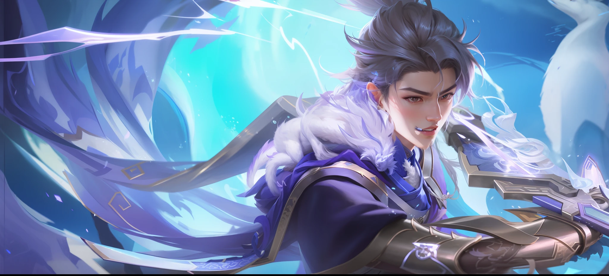 a close up of a person with a sword in a blue background, heise jinyao, inspired by Huang Shen, keqing from genshin impact, xianxia hero, zhao yun, olchas logan cure liang xing, zhongli from genshin impact, g liulian art style, inspired by Wuzhun Shifan, inspired by Li Kan