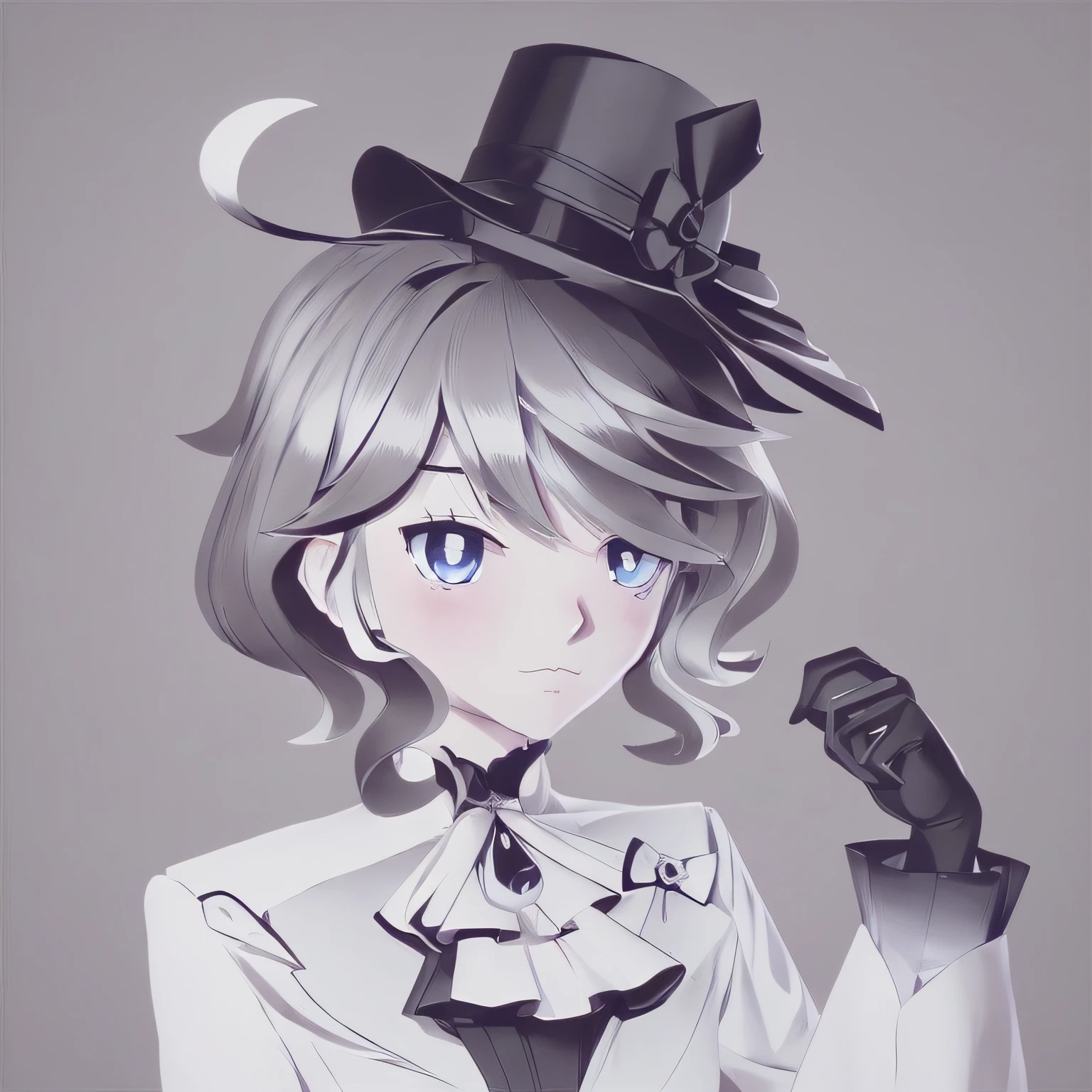 Anime girl in top hat and bow tie, flat anime style shading, anime shading, Stylized anime, official character illustration, monochrome 3 d model, official character art, render of april, 3 d render official art, escala cinza, character with a hat, highly detailed character, mostly greyscale, Anime Stylization