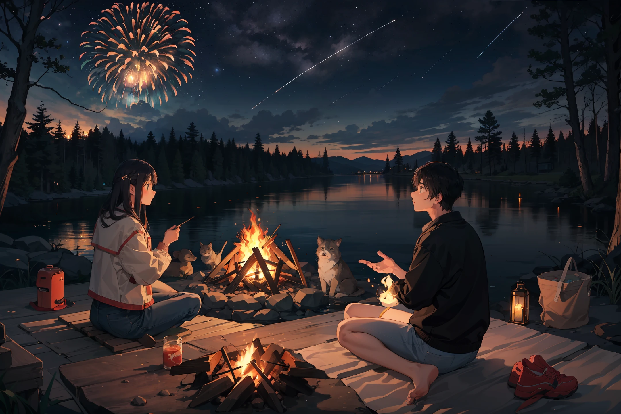 The surface of the lake is reflected in the starry sky，The forest on the shore is lit with fireworks，A teenager sits by a campfire，Looking into the distance