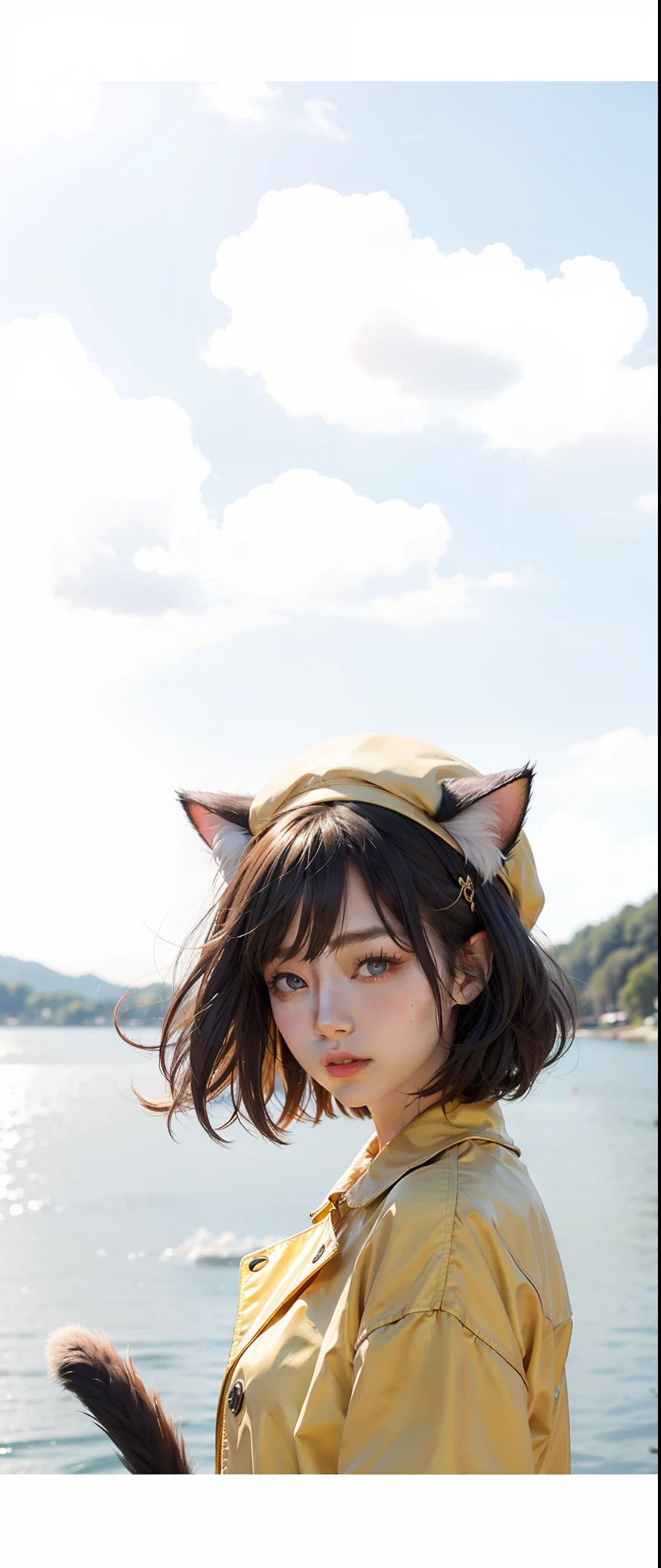(1girll:1.3)、独奏、__Body parts__、offcial art、统一 8k 壁纸、ultra - detailed、Beauty and aesthetics、 beautiful、tmasterpiece、best qualtiy、Fantastical Atmosphere、calm color palette、Tranquil Mood、soft shade，Yellow coat，white hat，short detailed hair，cat ear，Purple eye，yellow hairpin，Cat tail，adolable，beautful view，Park by the lake，with blue sky and white clouds