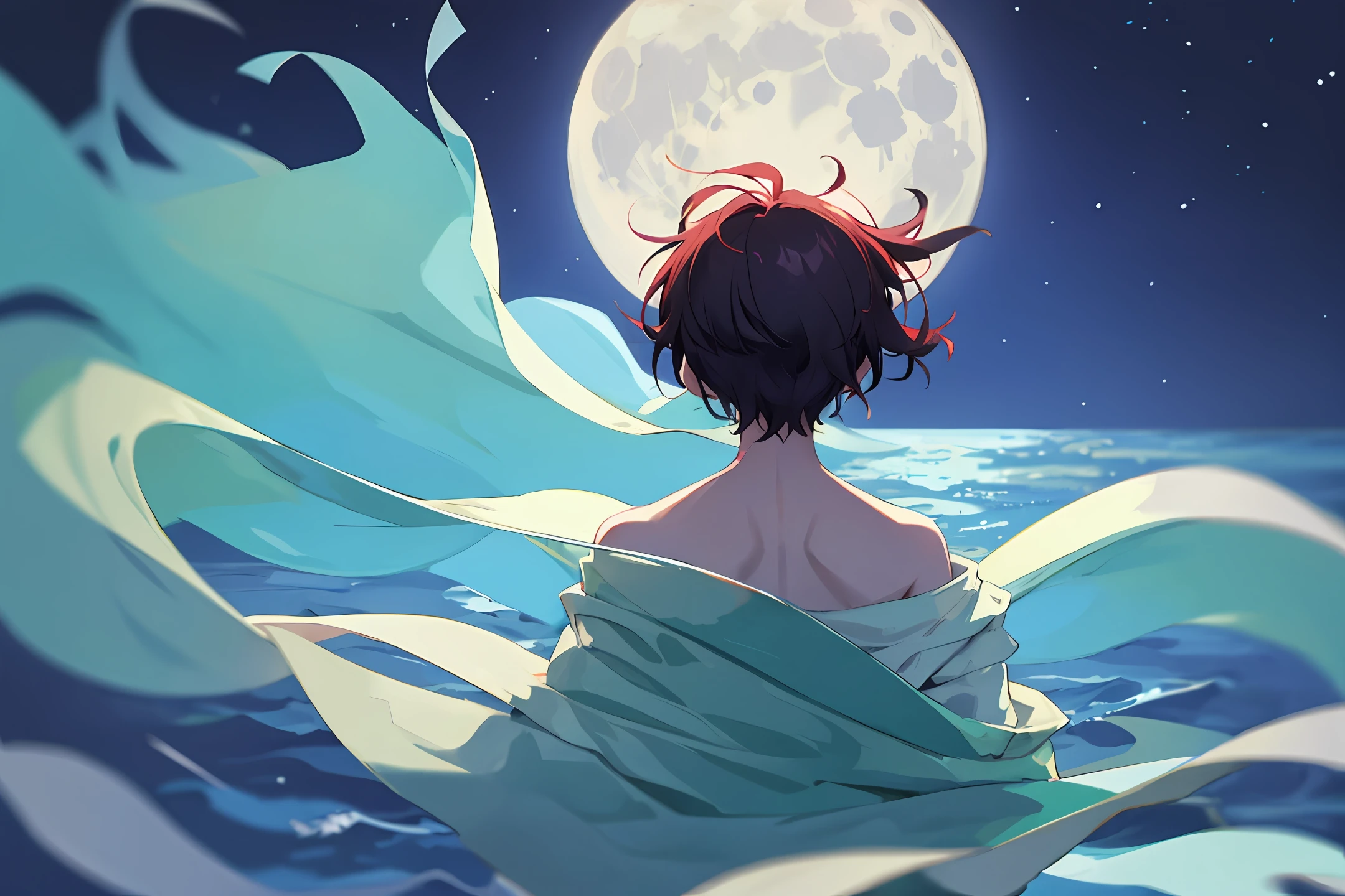 Moon Lonely Sea A Man Red