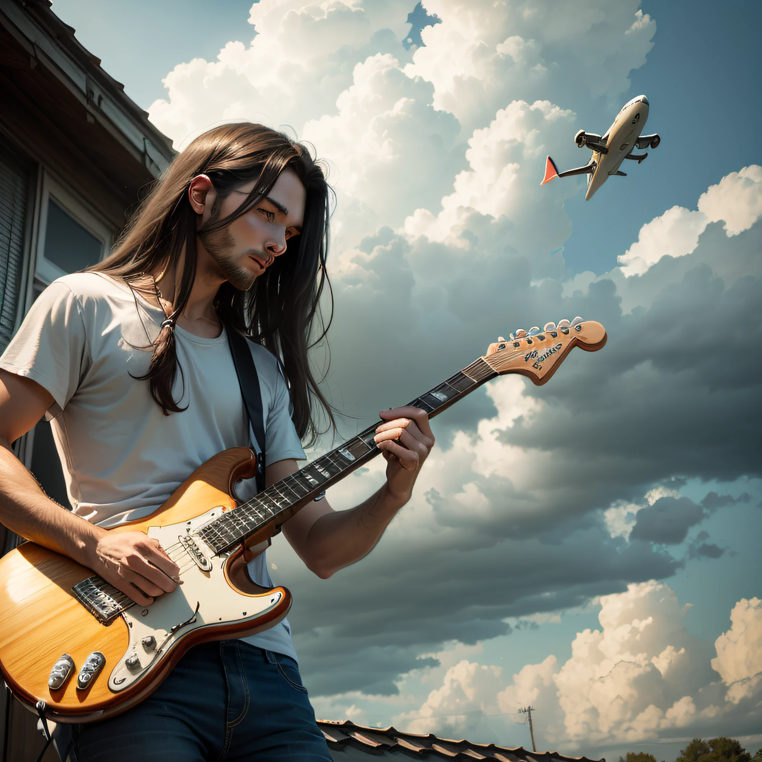 Long-haired man，plays the electric guitar，Roof，There were planes flying by，Sunny and cloudy， --auto