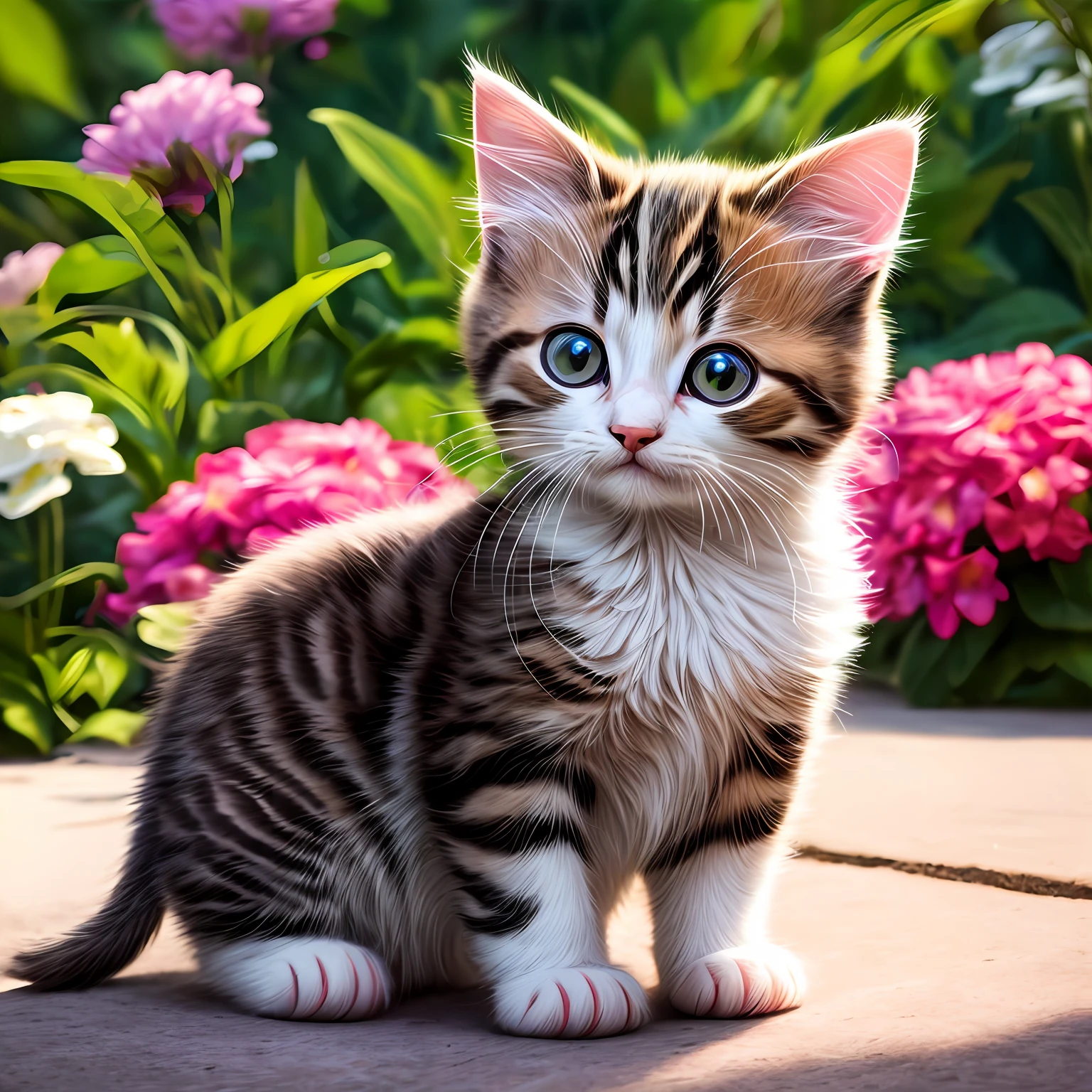 a kitten, (ferocious), (kawaii), psychedelic, 8k, hyperdetailed, surreal photography, paws, ((cute)), cute, hd, full body, garden floral background, fluffy, (photo realistic)), nikon d850, rich colors, kodak portra 400 camera, naïve pose, (scottish folding breed), super cute, looking at the audience, (realistic)) --auto