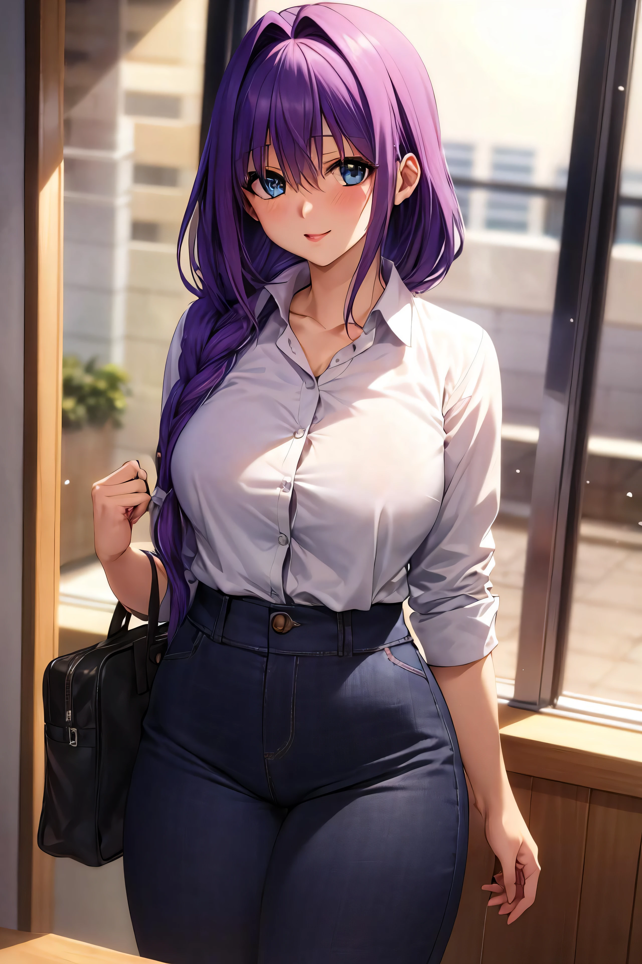 masterpiece, (best quality), 1woman,1girl ,akiko_minase,    long hair, purple hair,   blue eyes, braid, single braid, hair intakes, hair over shoulder, (mature female), school uniform,cosplay as student, large breasts,,sexy woman,    adult, blush vibrant colors ,,natural lighting  ,RTX, hair between eyes , beautiful, (detailed face:1.2), showcase, (perfect eyes:1.1) ,(photorealistic:1.1), 8k uhd,  looking at viewer,  indoors,  simple backround