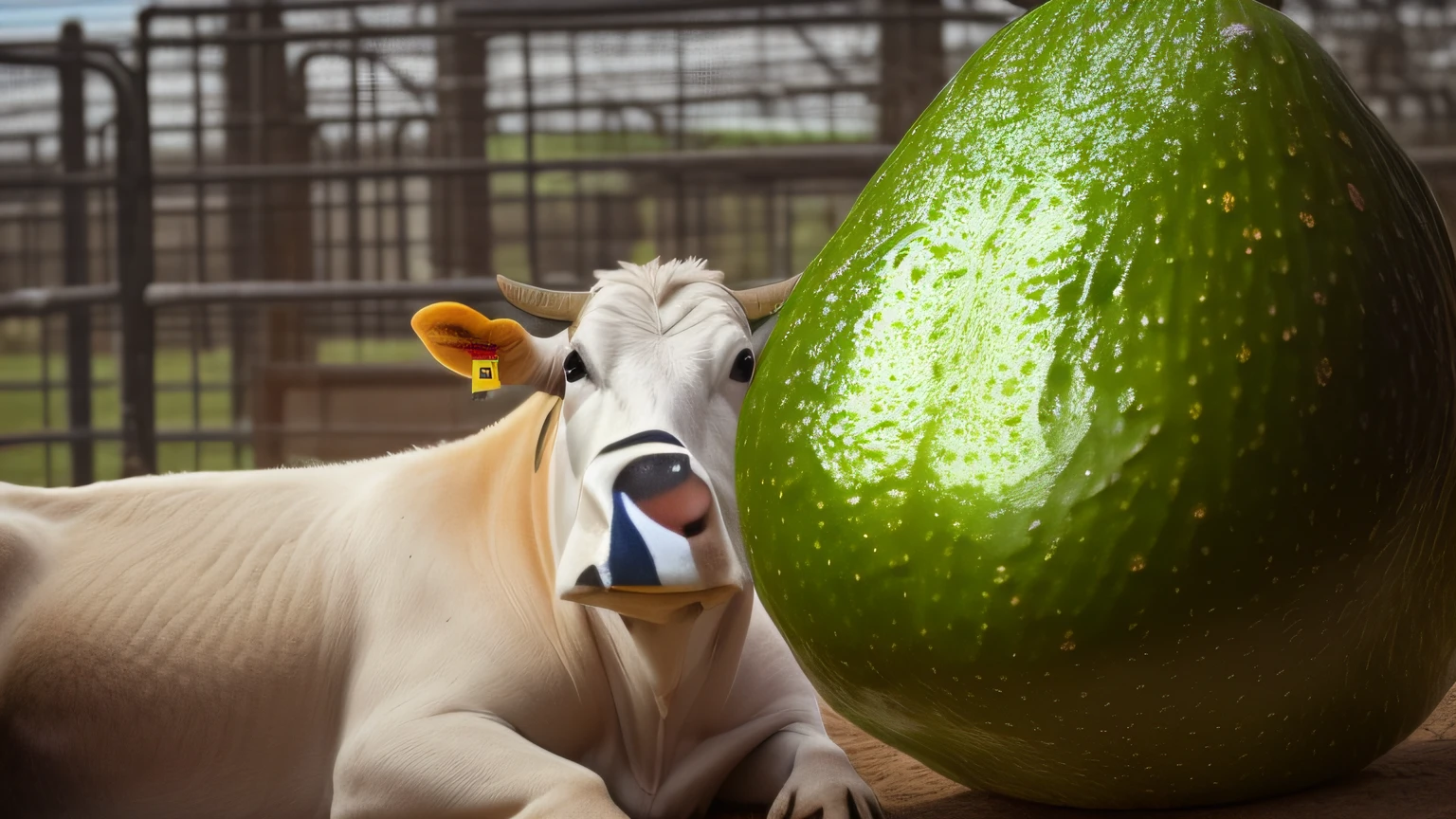 There is a cow lying next to a green avocado, high res photograph, avocado,