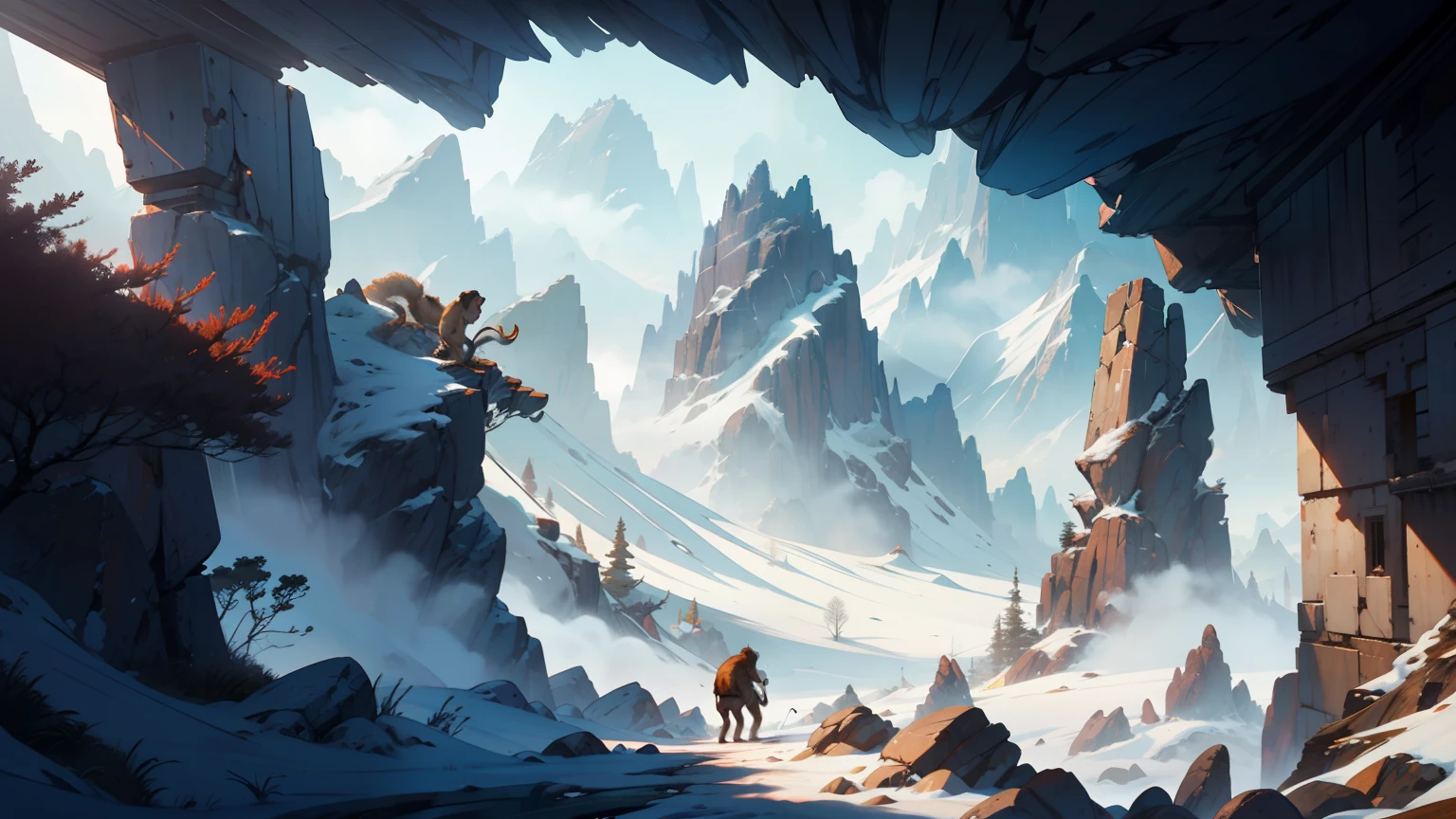 On inhospitable land,A large monkey and several small monkeys,Go into the distance,The background is a desolate mountain,Ancient wind,Beautiful CG quality,Clear and detailed description,Hearty shots,Rich and superb local details,Intoxicating light and shadow effects,Beautiful and beautiful overall atmosphere