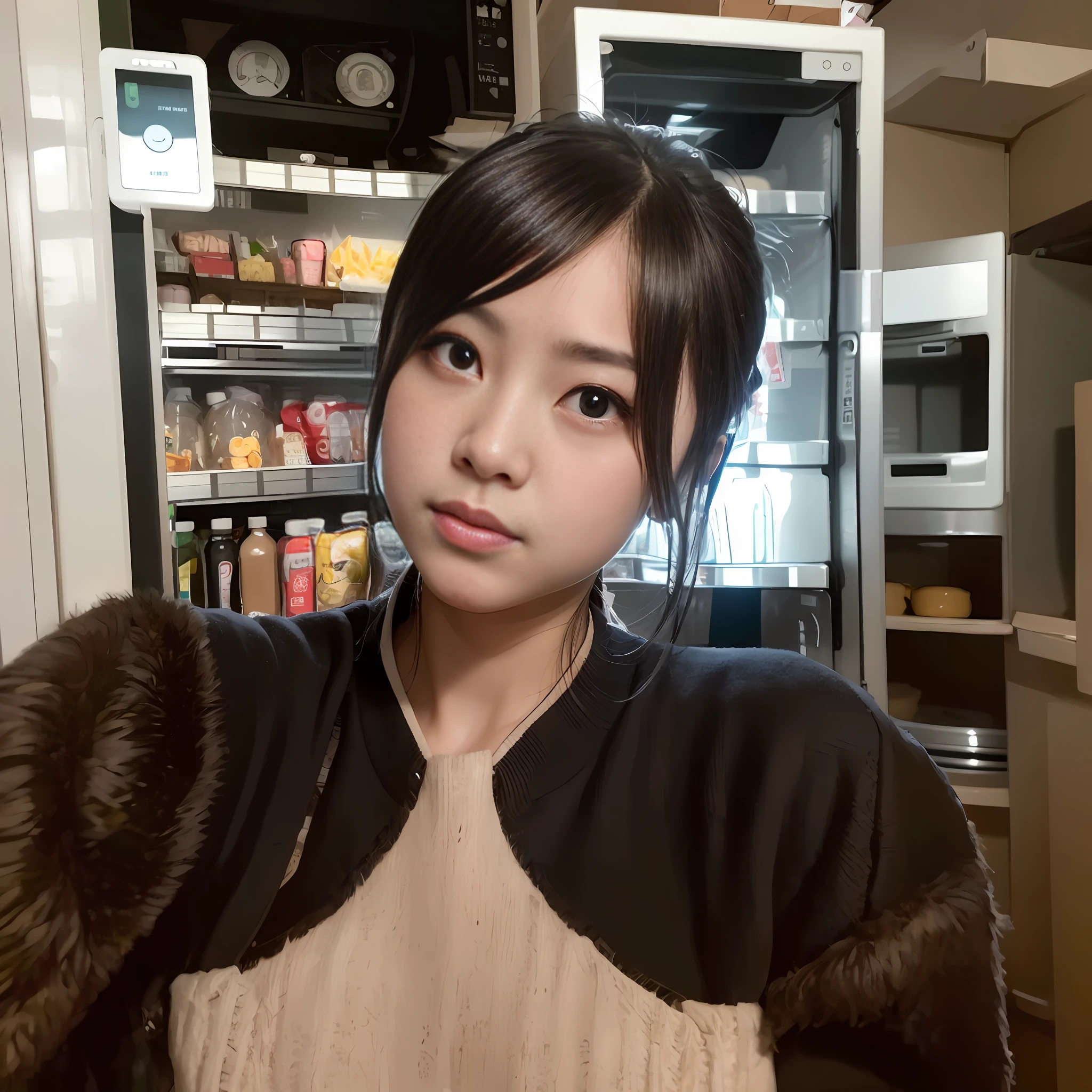 There is a woman posing for a photo in front of the refrigerator, xintong chen, wenfei ye, xision wu, chengyou liu, inspired by Ma Yuanyu, Lin Qifeng, Korean girl, xue han, ulzzangs, 2 8 years old, Yun Ling, Chinese girl, shikamimi