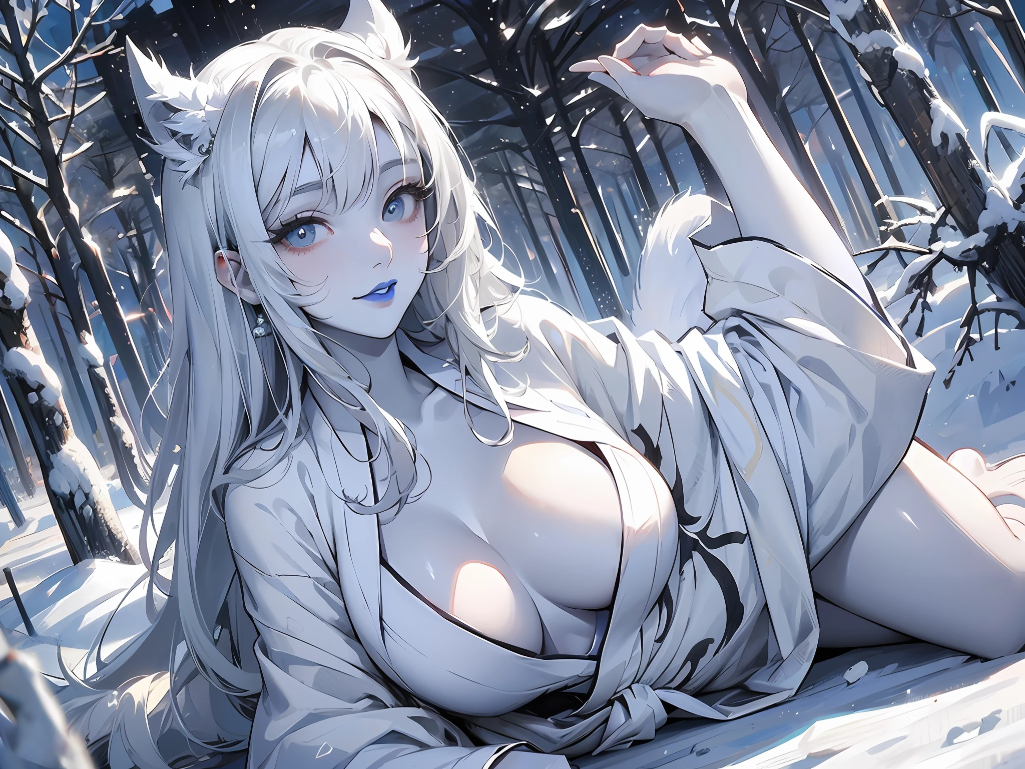 ((White skin)),((Monster Girl)),((Very pale skin)), Solo, Lying, Dynamic Angle, view the viewer, (((Masterpiece))), {Perfect anatomy}, {Perfect hands}, (((Best quality))), ((Ultra-detailed)), ((Solo)), (illustration). Lips, (Detailed lips), ( Blue lips), Beautiful detailed eyes, high resolution, Female only, 8K_the wallpaper, Colorful, White hair, Long hair, Straight hair, Blunt bangs, , hair adornments, Snow ornaments, ( White eyes), (Devil's Eye) ((bathrobe)), ((White yukata)), cleavage, An emotionless smile, Snow,, zettai ryouiki, Dynamic pose, laying, Ice aura, Snowy pine forest background ,looking at viewert