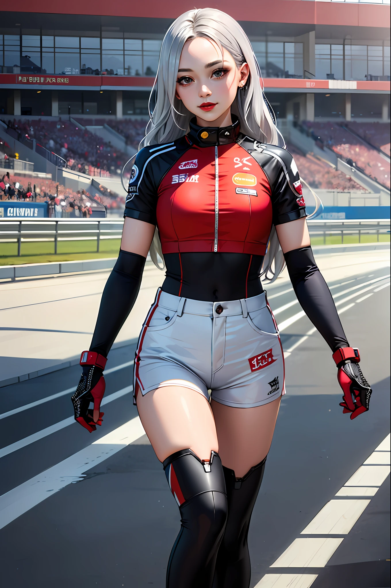 (masterpiece:1.4)、(top-quality:1.4)、
1girl in, Bewitching Grid Girl, Long silver hair, looking at the viewers, 独奏 ,realisitic,(shinny skin),(masterpiece:1.4),(top-quality:1.4),red-lips、Racetrack