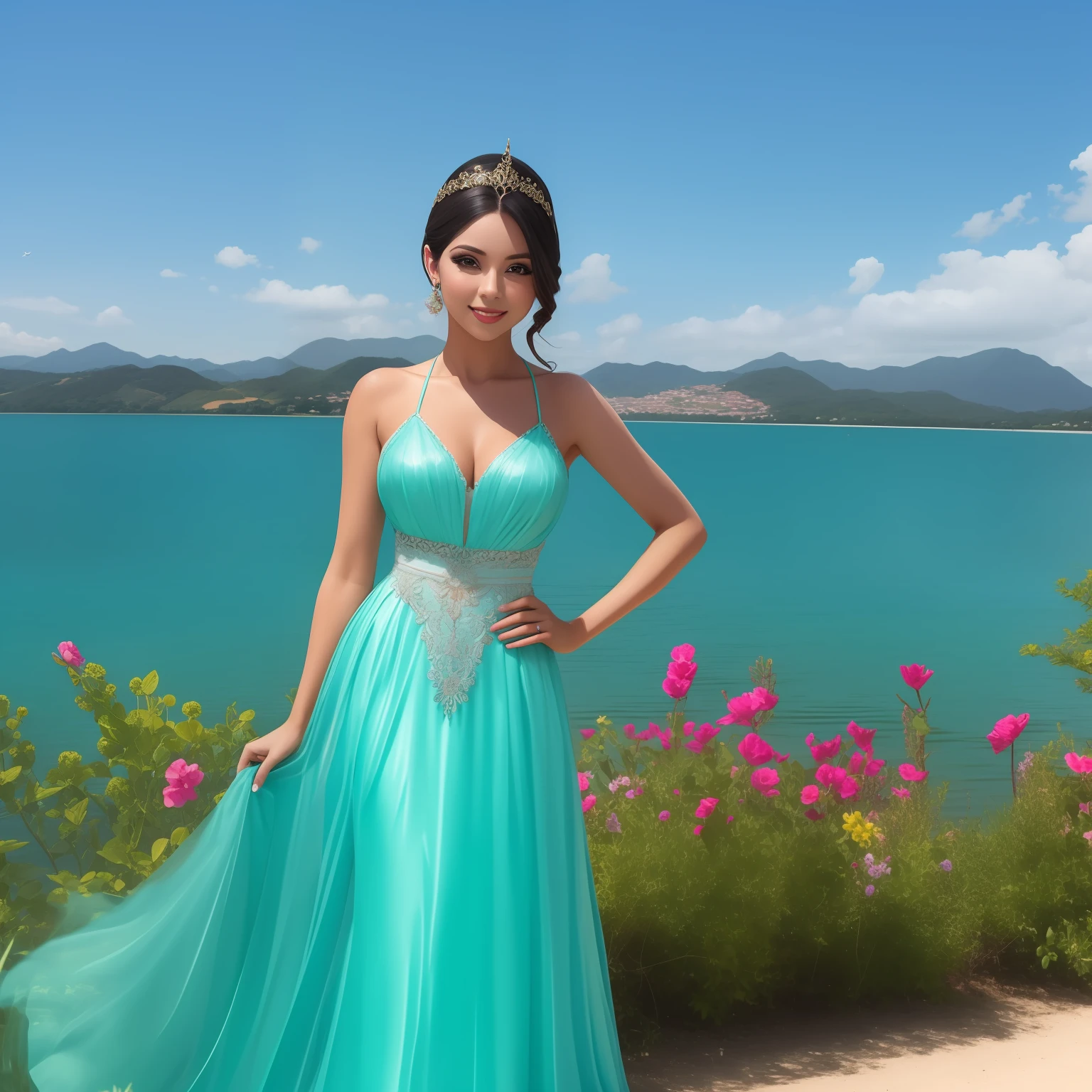 mulher bem vestida, com um lindo vestido de festas, perto de um lago azul