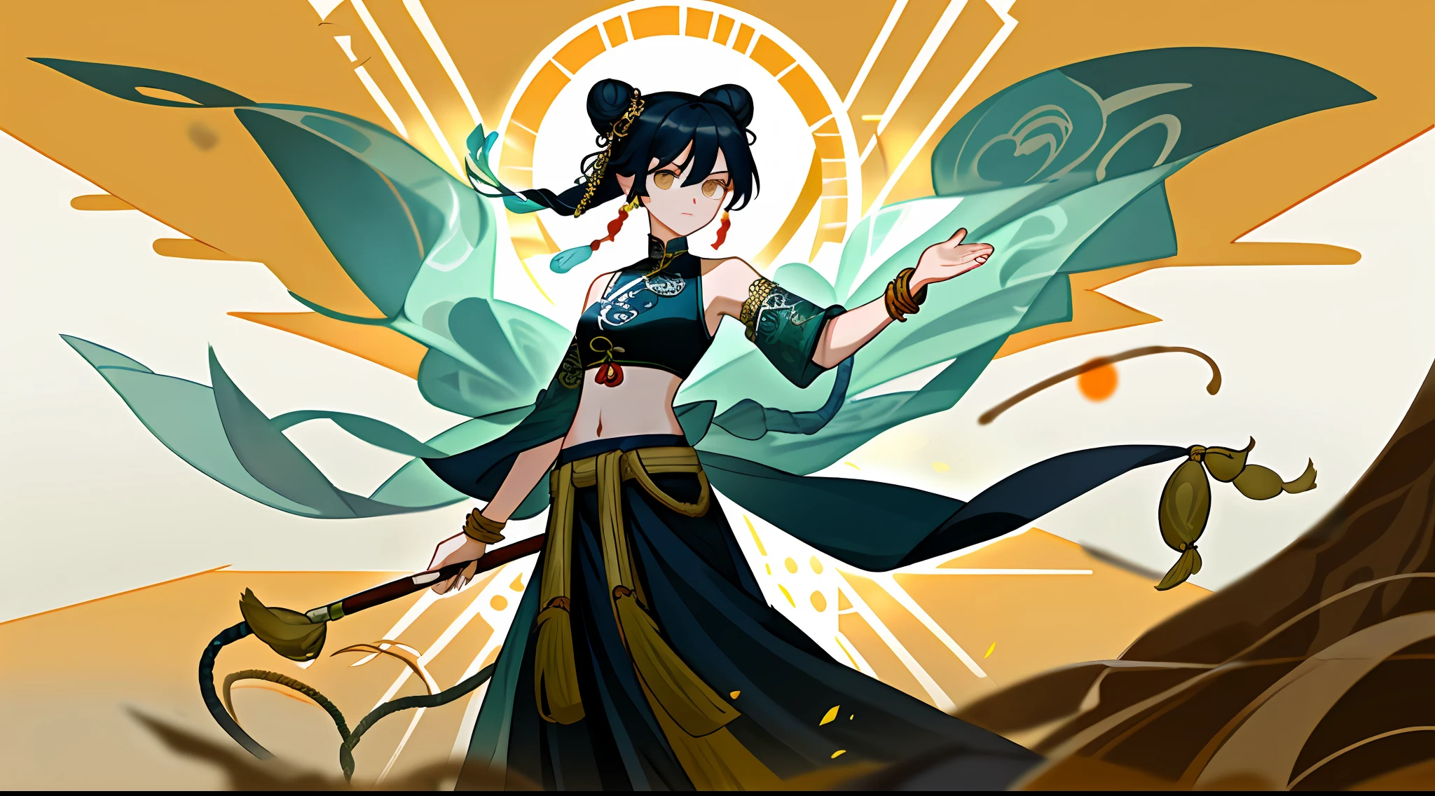 This is an ancient Chinese beauty,Dressed in gorgeous costumes,Embroidered with intricate embroidery,is dancing。She wears a transparent colored streamer around her arm,Flutter while revealing the navel、Shoulders and neck。She wears Yingluo,Hair coiled into a bun,And with hairpins and headbands。Her armband was tied with a streamer,Chain jewelry is worn on the wrists and ankles,A metal tassel chain is tied around the waist,Such as Mogao cave art、Dunhuang flying mural-like inspiration。The graphic style is ink,Popular elements borrowed from CGStation。