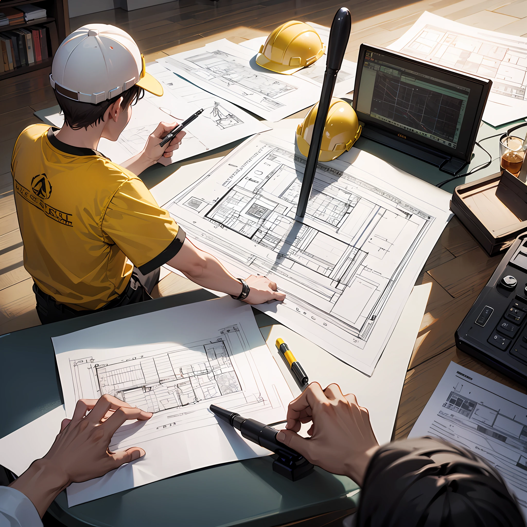 of a guy,Holding construction drawings in one hand,Surveying and mapping instrument in one hand,Give a meeting to a group of people wearing yellow hard hats --auto