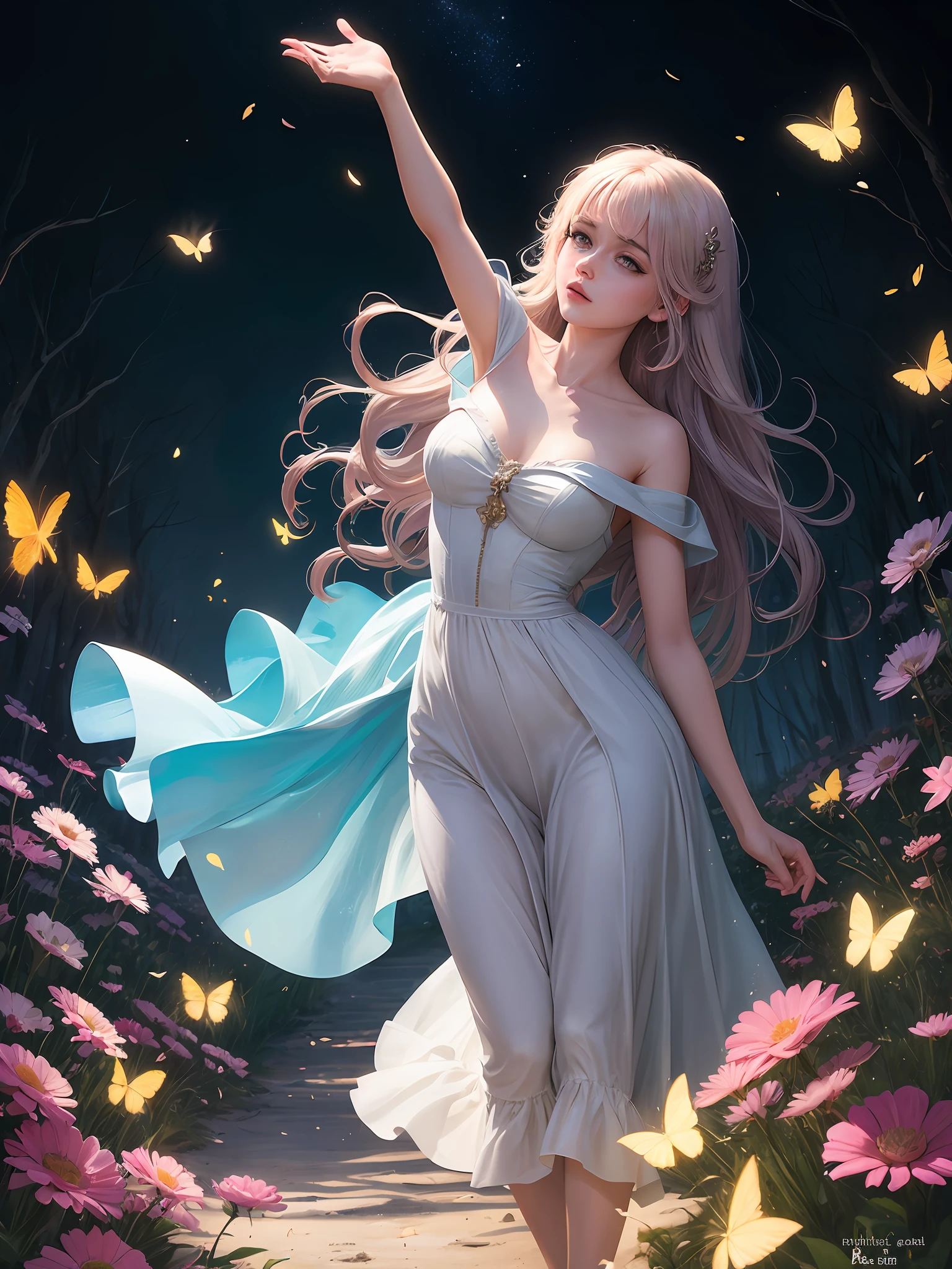 1girl, solo, full body, (masterpiece:1.21), (best quality:1.2), colorful, (illustration:1.2), (cinematic lighting:1.1), (bare shoulders:1.21), (collarbone:1.21) in this whimsical A beautiful and dreamlike garden, the scene is illuminated by a rainbow (colorful fireflies) dancing in the air. Pastel (drizzle) adorns the garden, creating a hazy and ethereal atmosphere. In the center of the picture, stands a single girl, an extremely beautiful girl, with lovely facial features and an innocent expression. Her long hair fluttered in the wind. She wore a low-cut strapless dress that accentuated her curves. The lighting is very delicate and beautiful, creating a soft warm glow that accentuates the water and makes it sparkle like a diamond. The finest grasses are also illuminated to create a lush carpet. The garden is surrounded by colorful flower fields with flowers of all colors and shapes. Various colors and sizes (coloured butterflies) can be seen flying around the scene, adding to the overall sense of wonder and magic. (Everyone, judges), a blush can be seen on the bridge of the nose, and the mouth is slightly opened, which adds to the overall sense of innocence and youth. Falling petals can be seen waving around her, adding to the overall sense of romance and beauty. The breeze is blowing, the leaves are rustling, and the flowers are swaying, adding to the overall dynamism and vitality. It is a scene of pure wonder and magic, full of color and beauty, where the viewer can lose themselves in this enchanting and captivating world.