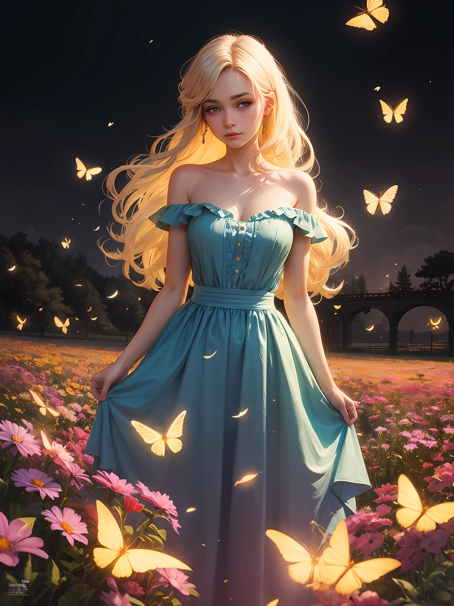 1girl, solo, full body, (masterpiece:1.21), (best quality:1.2), colorful, (illustration:1.2), (cinematic lighting:1.1), (???? shoulders:1.21), (collarbone:1.21) in this whimsical A beautiful and dreamlike garden, the scene is illuminated by a rainbow (colorful fireflies) dancing in the air. Pastel (drizzle) adorns the garden, creating a hazy and ethereal atmosphere. In the center of the picture, stands a single girl, an extremely beautiful girl, with lovely facial features and an innocent expression. Her long hair fluttered in the wind. She wore a low-cut strapless dress that accentuated her curves. The lighting is very delicate and beautiful, creating a soft warm glow that accentuates the water and makes it sparkle like a diamond. The finest grasses are also illuminated to create a lush carpet. The garden is surrounded by colorful flower fields with flowers of all colors and shapes. Various colors and sizes (coloured butterflies) can be seen flying around the scene, adding to the overall sense of wonder and magic. (Everyone, judges), a blush can be seen on the bridge of the nose, and the mouth is slightly opened, which adds to the overall sense of innocence and youth. Falling petals can be seen waving around her, adding to the overall sense of romance and beauty. The breeze is blowing, the leaves are rustling, and the flowers are swaying, adding to the overall dynamism and vitality. It is a scene of pure wonder and magic, full of color and beauty, where the viewer can lose themselves in this enchanting and captivating world.