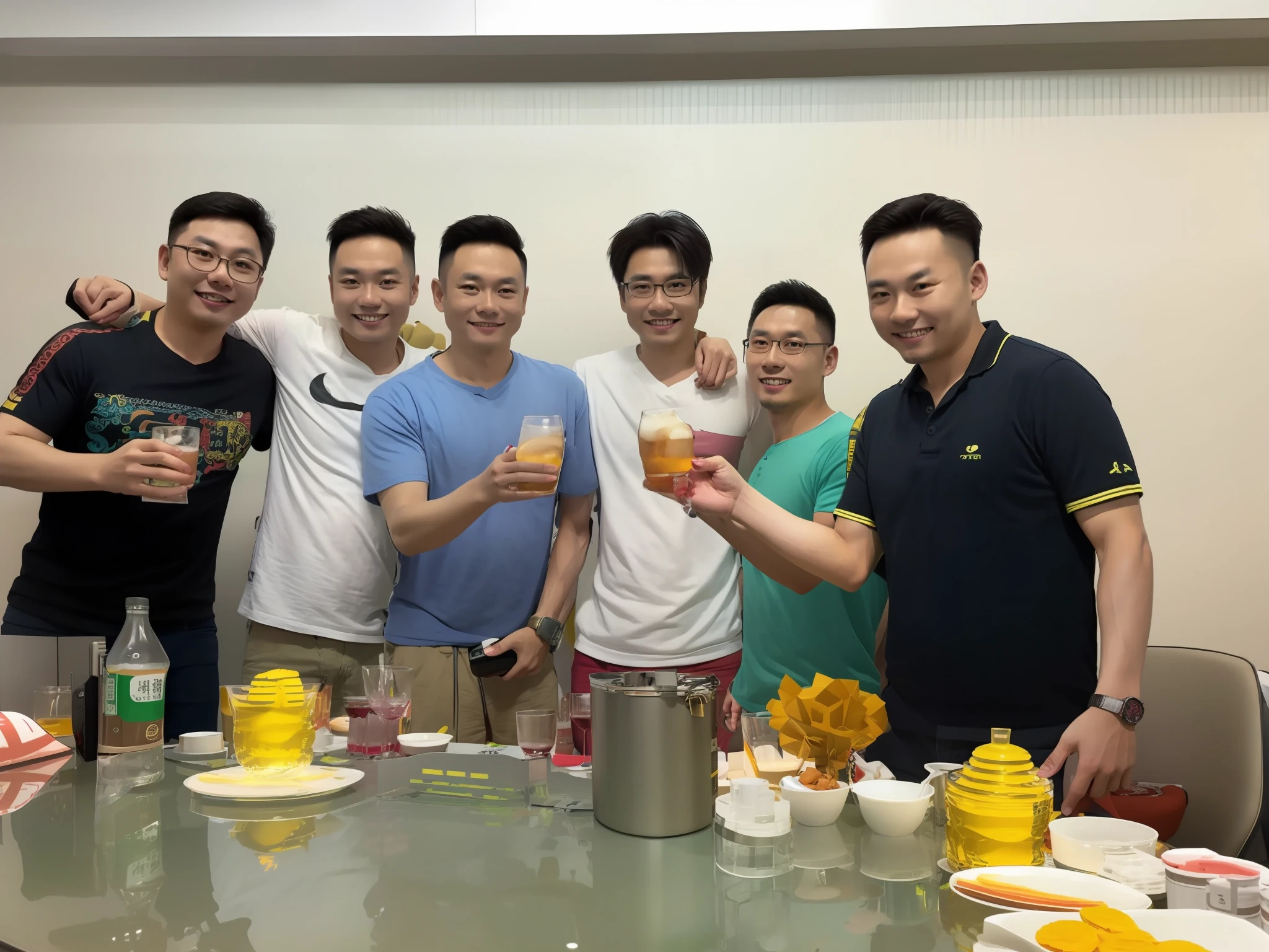 several men are posing for a picture at a table with drinks, wining, exclusive, cheers, yiqiang and shurakrgt, anime party of friend of wisdom, drink, special, competition winning, from china, taken in the early 2020s, octa 8k, photo taken in 2 0 2 0, from left