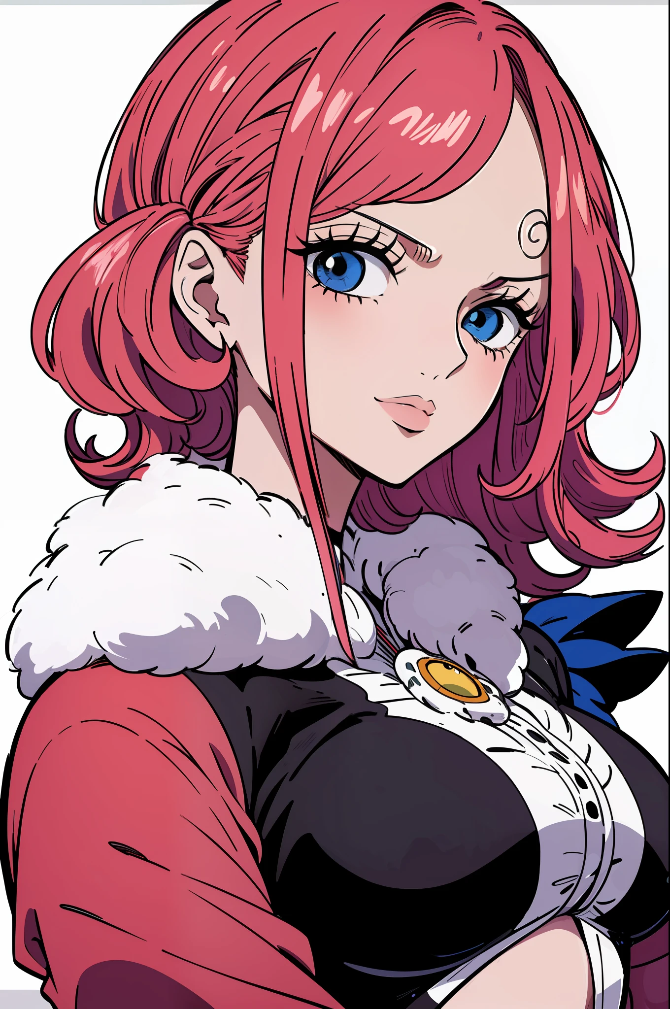 Reiju, One Piece, middlebreasts, eyes visible through the hair, pele clara, boca fechada, olhando para o telespectador, ((parte superior do corpo)), franja, cabelo com franja, cabelo rosa, batom rosa, cabelo flutuante, 1girl, um personagem, uma garota, eyes visible through the hair, ((franja escondendo um olho)), olho azul, sexy look, ((fundo rosa)), fundo uma cor, fundo com uma cor rosa, arte estilo anime, arte minimalista ((obra prima, melhor qualidade, 8k))