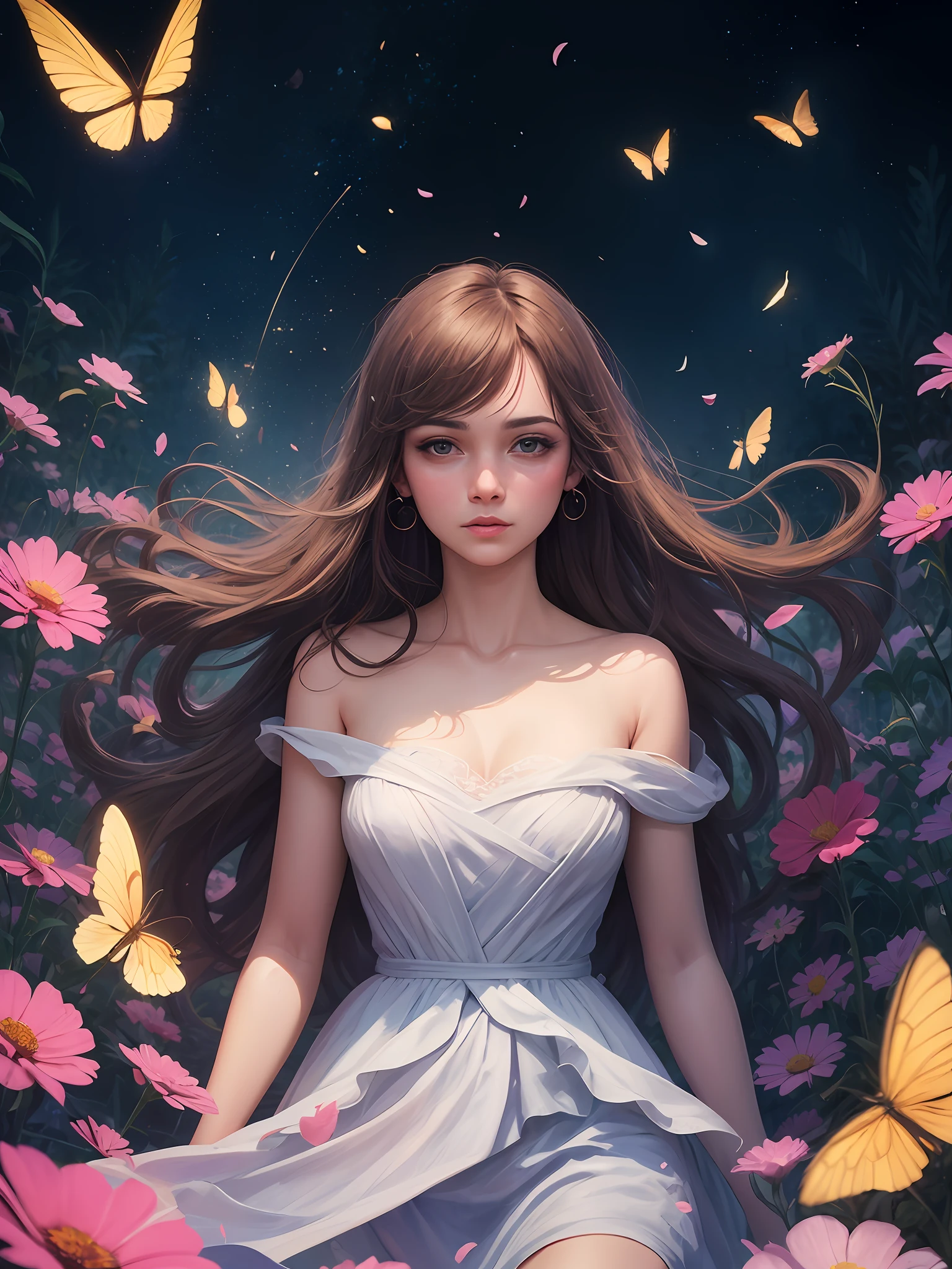 1girl, solo, full body, (masterpiece:1.21), (best quality:1.2), colorful, (illustration:1.2), (cinematic lighting:1.1), (bare shoulders:1.21), (collarbone:1.21) in this whimsical A beautiful and dreamlike garden, the scene is illuminated by a rainbow (colorful fireflies) dancing in the air. Pastel (drizzle) adorns the garden, creating a hazy and ethereal atmosphere. In the center of the picture, stands a single girl, an extremely beautiful girl, with lovely facial features and an innocent expression. Her long hair fluttered in the wind. She wore a low-cut strapless dress that accentuated her curves. The lighting is very delicate and beautiful, creating a soft warm glow that accentuates the water and makes it sparkle like a diamond. The finest grasses are also illuminated to create a lush carpet. The garden is surrounded by colorful flower fields with flowers of all colors and shapes. Various colors and sizes (coloured butterflies) can be seen flying around the scene, adding to the overall sense of wonder and magic. (Everyone, judges), a blush can be seen on the bridge of the nose, and the mouth is slightly opened, which adds to the overall sense of innocence and youth. Falling petals can be seen waving around her, adding to the overall sense of romance and beauty. The breeze is blowing, the leaves are rustling, and the flowers are swaying, adding to the overall dynamism and vitality. It is a scene of pure wonder and magic, full of color and beauty, where the viewer can lose themselves in this enchanting and captivating world.