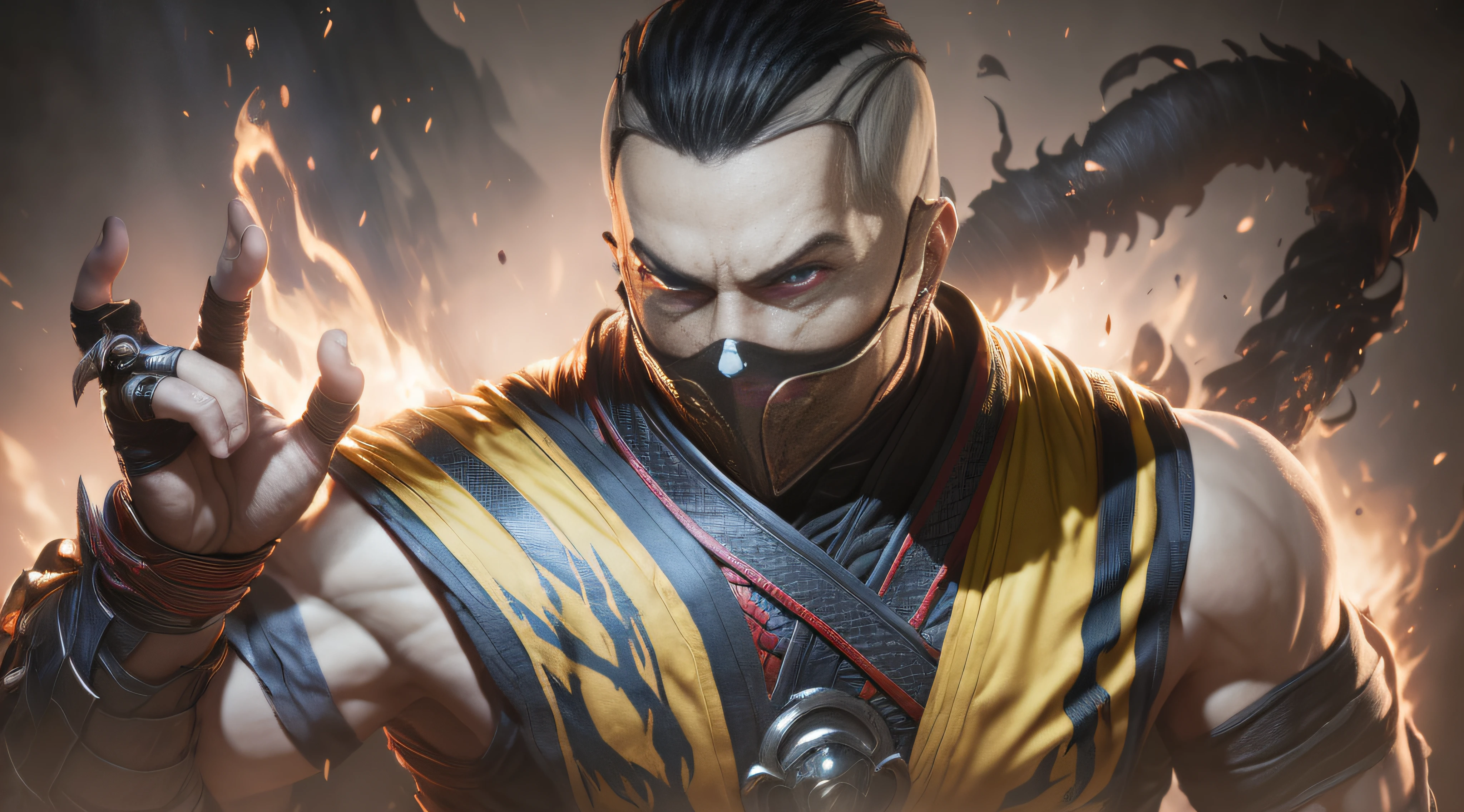 um close up de um homem com uma espada em um fogo, Mortal Kombat 11, Trending in ArtStation 4K, Personagem de Mortal Kombat, Ross Tran 8 K, Wojtek FUS, inspirado por Li Kan, trending on ArtStation:3, Artstation on trend, rossdraws volumetric lighting, badass anime 8 k, em mortal kombat