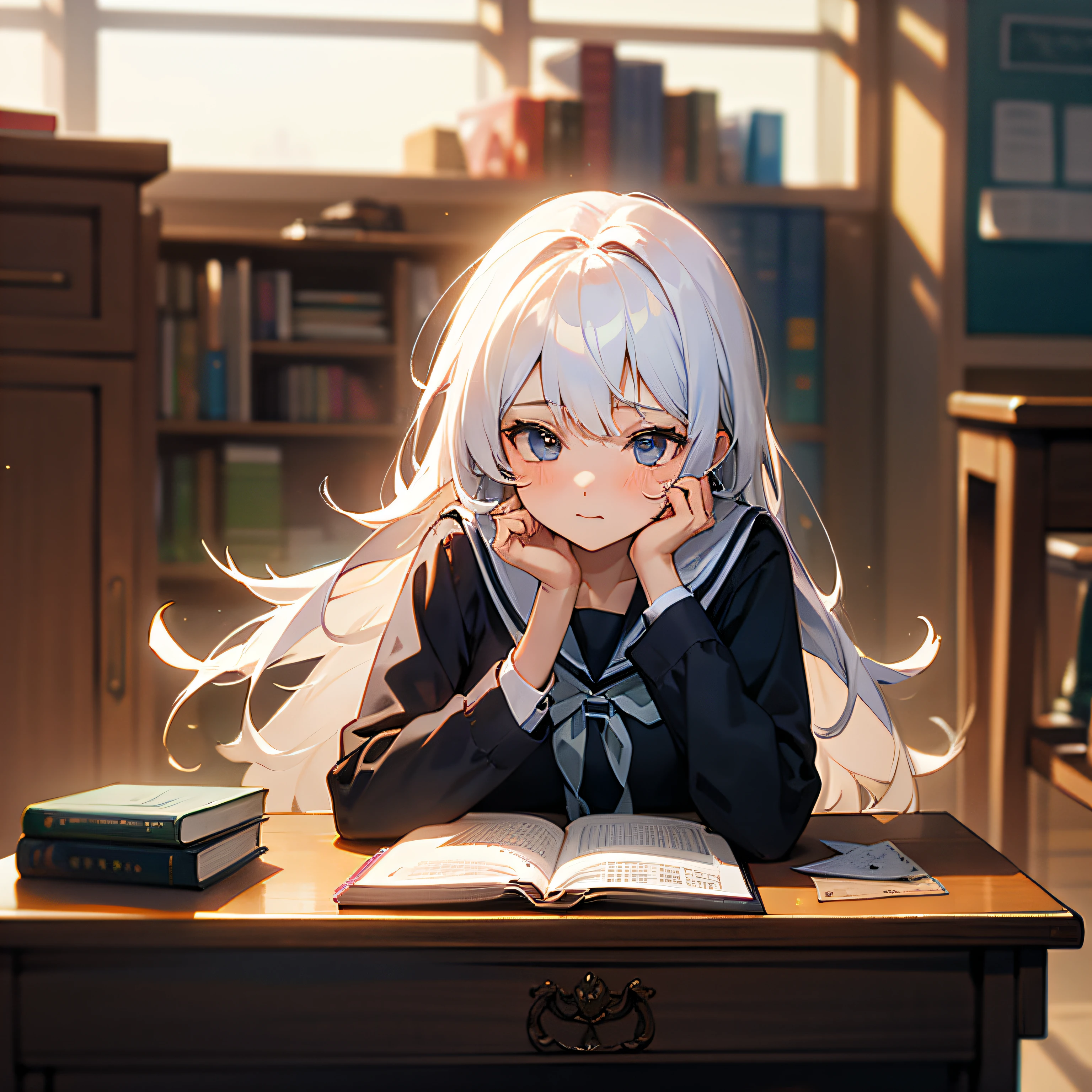 A girl sits at a desk，The pen is placed between the mouth and nose，White hair，adolable，Dumb cute，Stupid student，high school senior，up-close，White school uniform，ren，Textbooks were handed out on the desk，Something else on mind，quadratic element，Beautiful and moving，a sense of atmosphere，tmasterpiece，the detail，long whitr hair，Lazy， --auto