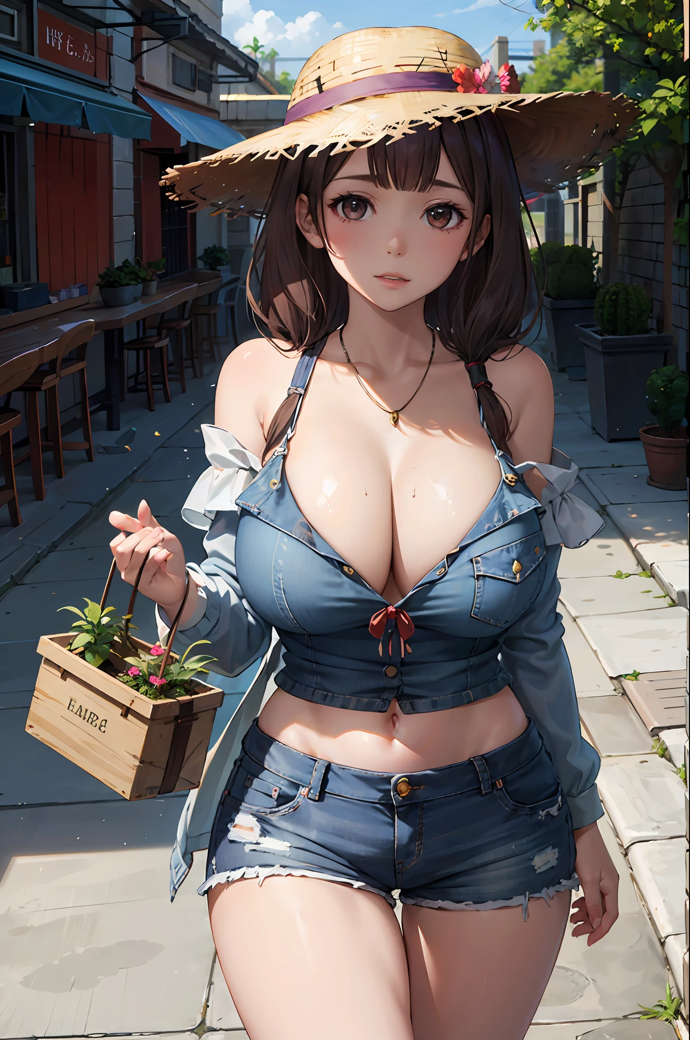 Ray Tracing,Global Illumination,3girl,chibi:1.49, bronze large eyes, brown, shaggy hair,worried _face,shiny skin,huge breasts,thick thighs,, Off-the-shoulder_white_crop_top, high-waisted_denim_shorts, woven_slides, layered_necklaces, straw_fedora_hat, , Elevated_outdoor_space_for_growing_and_exhibiting_plants, looking at viewer,
