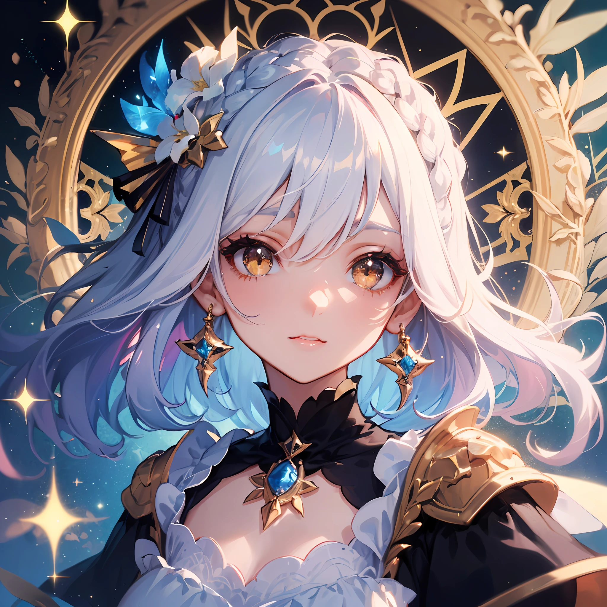 (Best Quality:1.3),4K,8K,8K Portrait,16 K,(masutepiece:1.2),1girl in,Solo,(maximalism:1.5),pearls,ultra-detailliert,absurderes, very detailed beautiful face and eyes,
dense beautiful hair,delicate composition,
Super cute girl,(Medium Hair:1.5),(Braids:1.2),(White eyes:1.5),White hair,(is wearing dress:1.3),Jewelry Hair Ornaments,
(jewelry eyes:1.3),(Eyelashes:1.2),(symbol in eyes:1.3),(hight resolution, Twinkle,Glitter,Lens Flare,light Particle,Shining:1.3),(Lori:1.5),