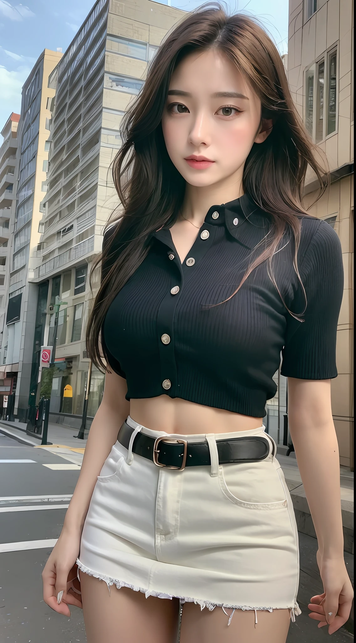 (top-quality、hight resolution、masterpiece:1.3)、Tall and cute woman、Slender Abs、Dark brown hair styled in loose waves、breastsout、White button-up shirt、a belt、Black miniskirt、(Modern architecture in background)、Details exquisitely rendered in the face and skin texture、A detailed eye、二重まぶた、full bodyesbian、ankle、