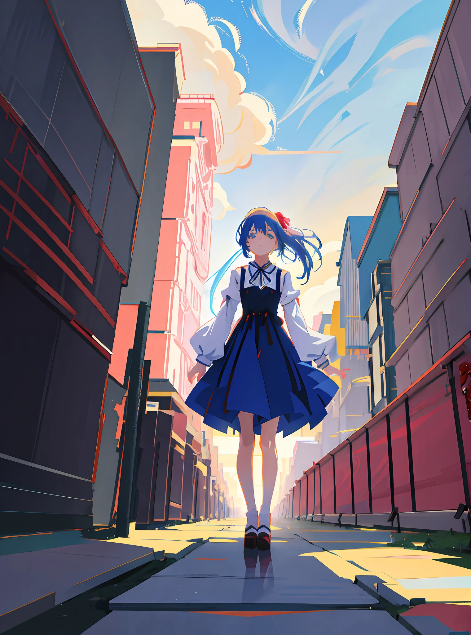 Girl in dress walks through narrow paths,Anime style 4k,Anime art wallpaper 8K,digital anime art,Pixiv style digital art,The illustrations are in anime style,Anime style wallpaper 4K,Anime style illustration,Beautiful anime artwork,anime abstract art。