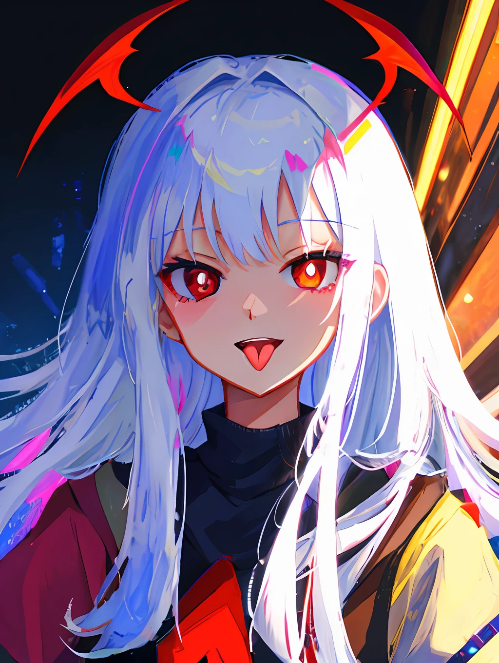 White hair, red eyes, loli, jk, succubus, pupils up, tongue sticking out