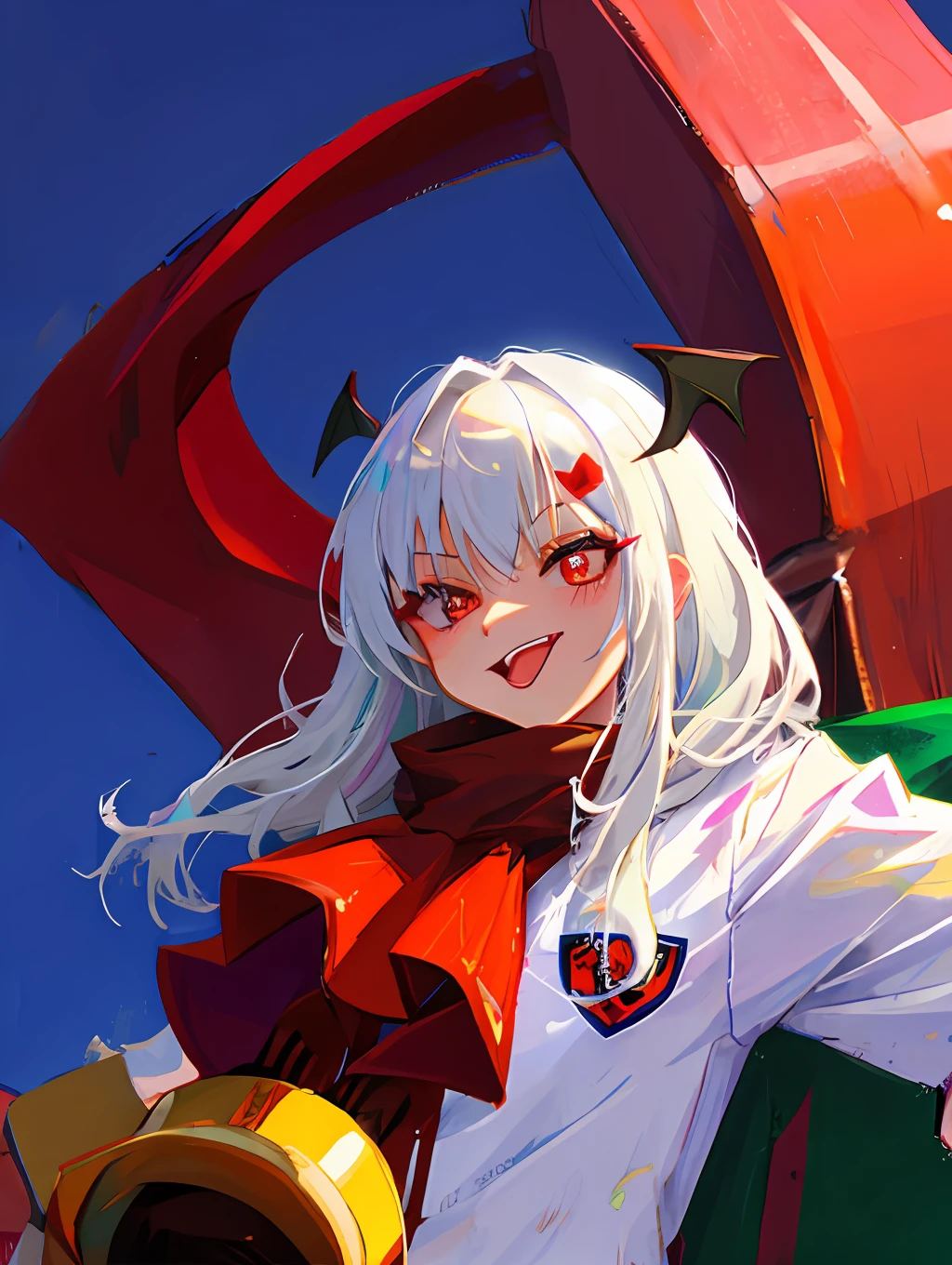 White hair, red eyes, loli, jk, succubus, pupils up, tongue sticking out
