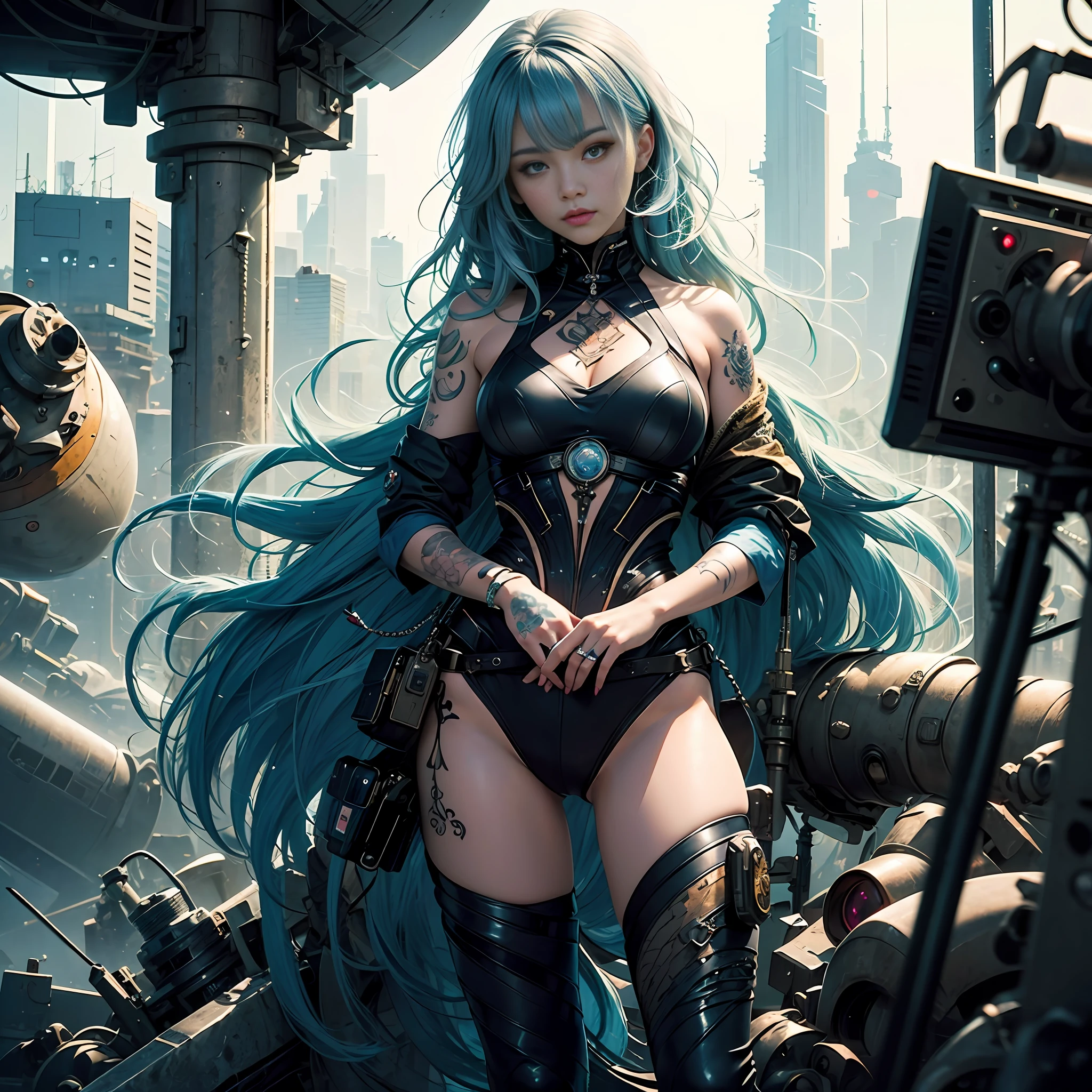 Ultra-high definition 2D art, close-up (1 woman), light blue hair, 2D animation style, soft and delicate depiction, attention also on her full-body tattoos (full-body art), landscape mode, masterpieces by Guweiz and James Jean, tattoo expert designs by CGSCOSITY, etc. A beautiful blue-haired girl who became a hot topic at the trend art station of Japan. --auto