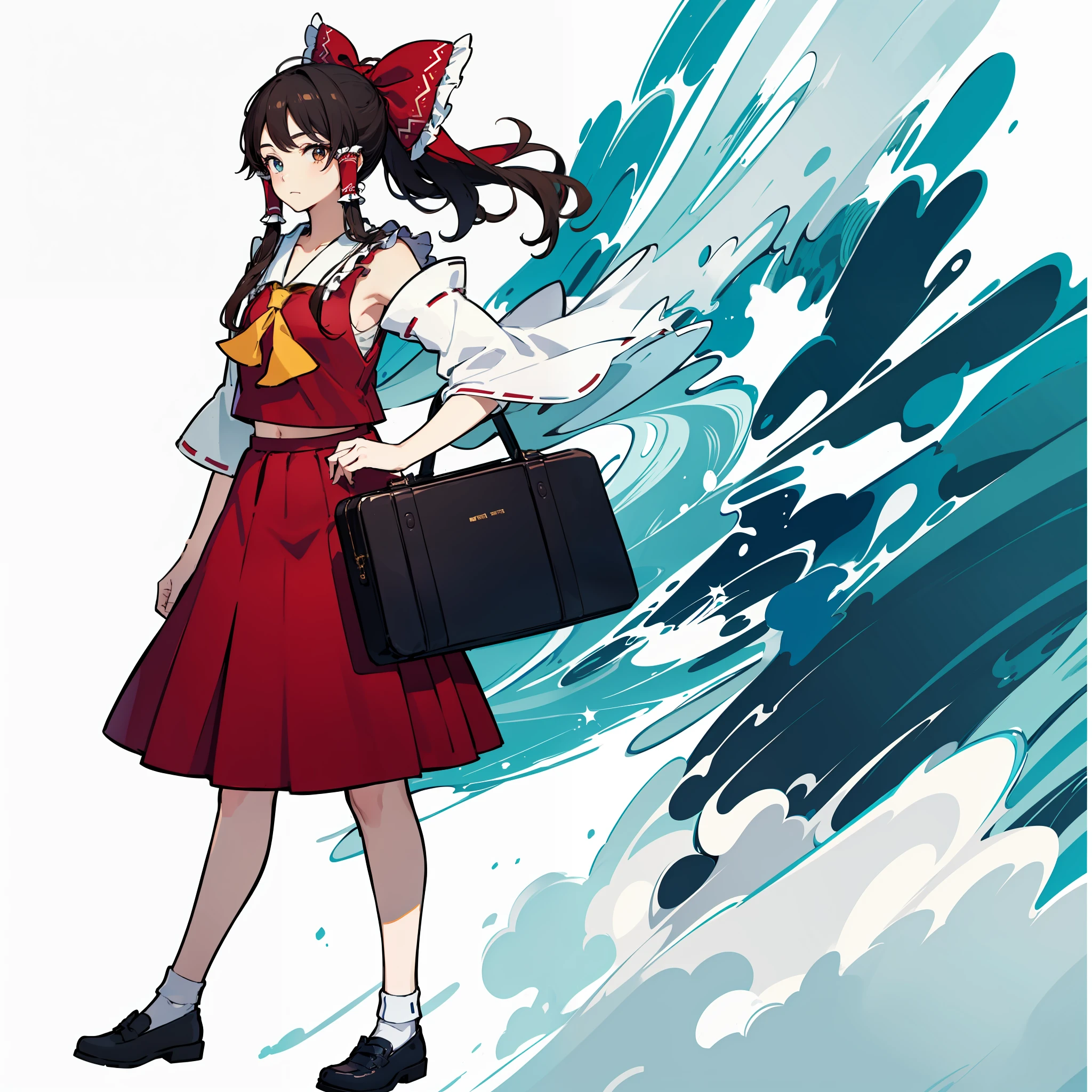 a depiction of a young woman with long blue hair holding a briefcase, 1girl, solo, hakurei reimu, school uniform, gohei, hair bow, bow, skirt, shoes, serafuku, socks, mary janes, white background, simple background, red bow, hair tubes, alternate costume, long sleeves, brown hair, full body, looking at viewer, long hair, ponytail