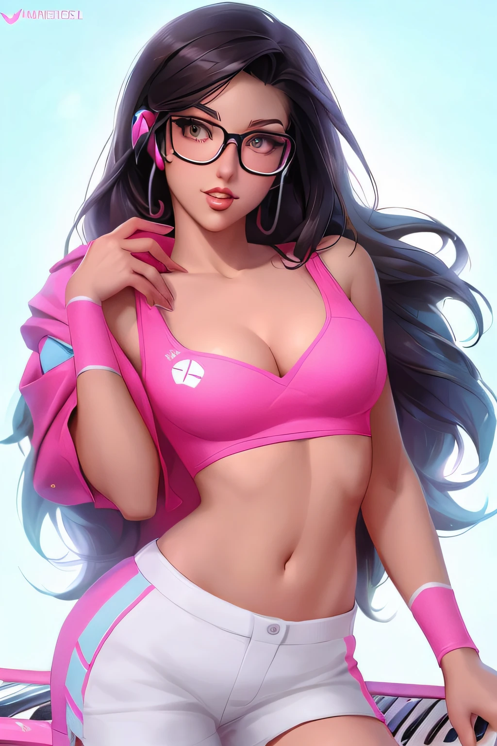 a close up of a woman in a pink top and white shorts, extremely detailed artgerm, ig model | artgerm, style artgerm, range murata and artgerm, like artgerm, in the style artgerm, artgerm. anime illustration, d. va from overwatch, artgerm. high detail