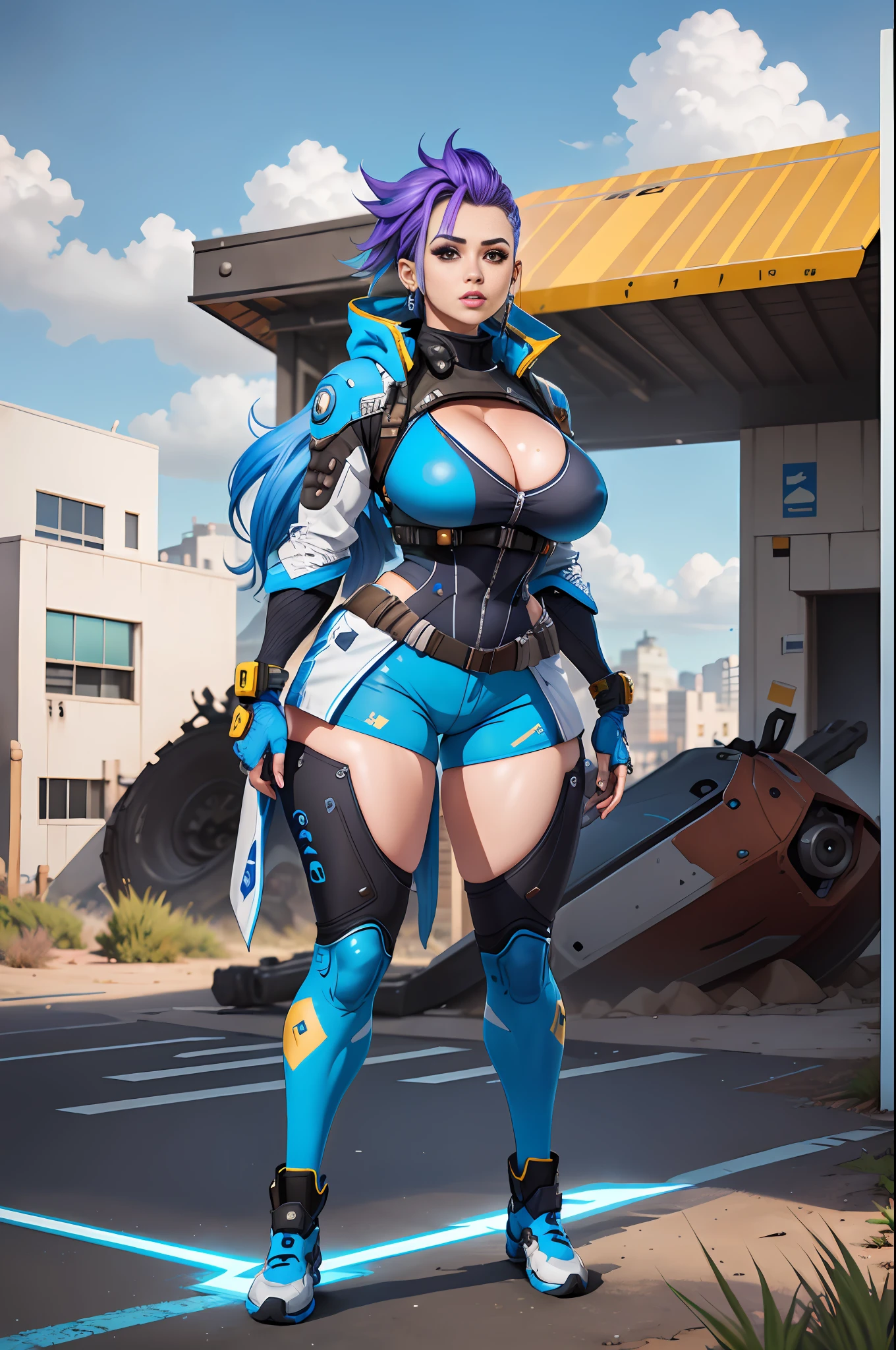 arafed female in a blue and white outfit standing in front of a building, sexy body, big boobs, pretty face, long hair, tall, in style of apex legends, apex legends armor, wraith from apex legends, chrome outfit, loba andrade from apex legends, apex legends character, echo from overwatch, freezing blue skin, as overwatch character, platinum skin, sigma female, zarya, overwatch skin