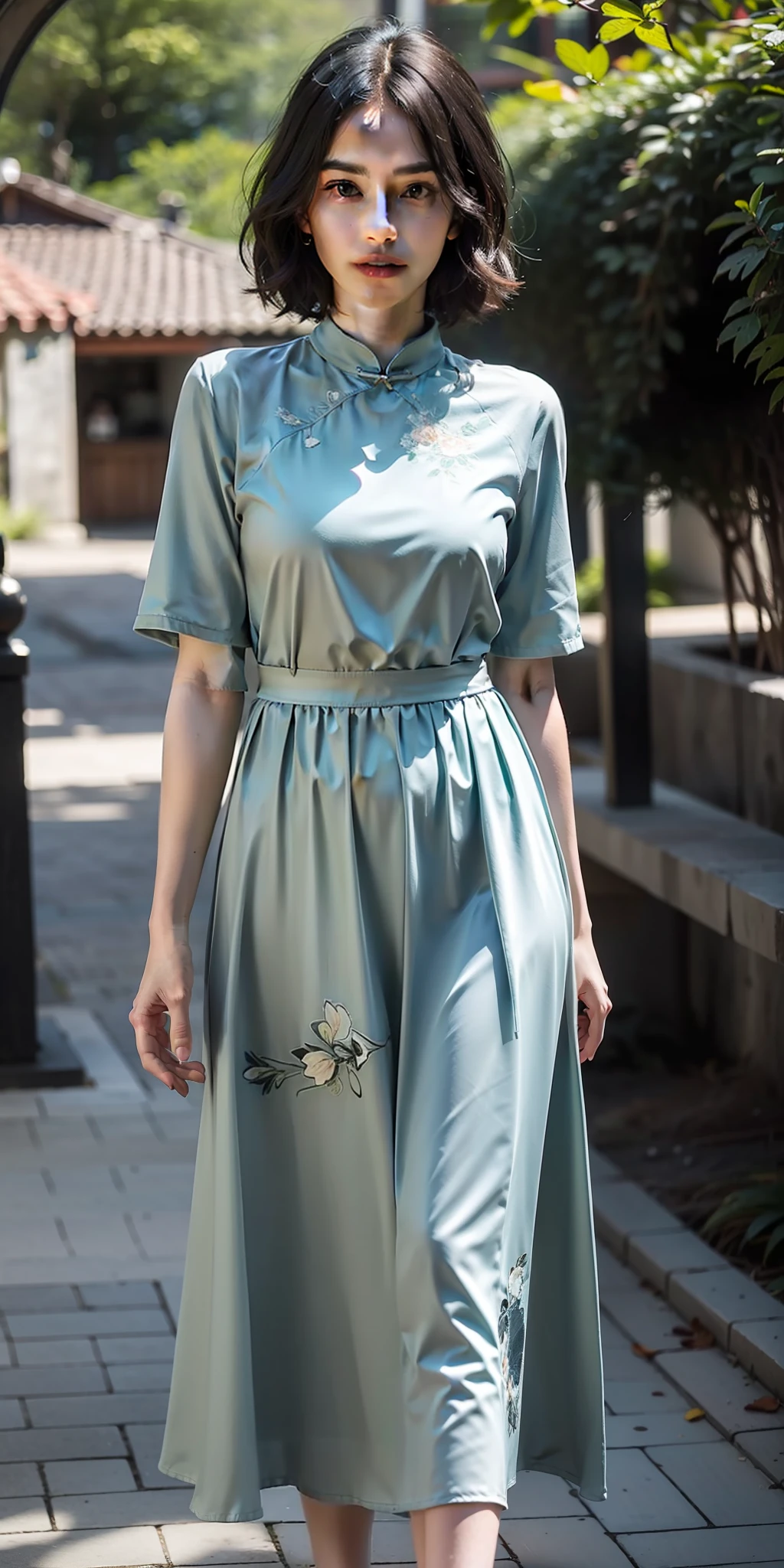 (blue printed china dress),1 girl,(short hair:1.1), (arms behind back:1.1),(realistic:1.7),((best quality)),absurdres,(ultra high res),(photorealistic:1.6),photorealistic,octane render,(hyperrealistic:1.2), (photorealistic face:1.2), (8k), (4k), (Masterpiece),(realistic skin texture), (illustration, cinematic lighting,wallpaper),( beautiful eyes:1.2),((((perfect face)))),(cute),(standing),(black hair),(short hair),black eyes,red lips, (outdoors),