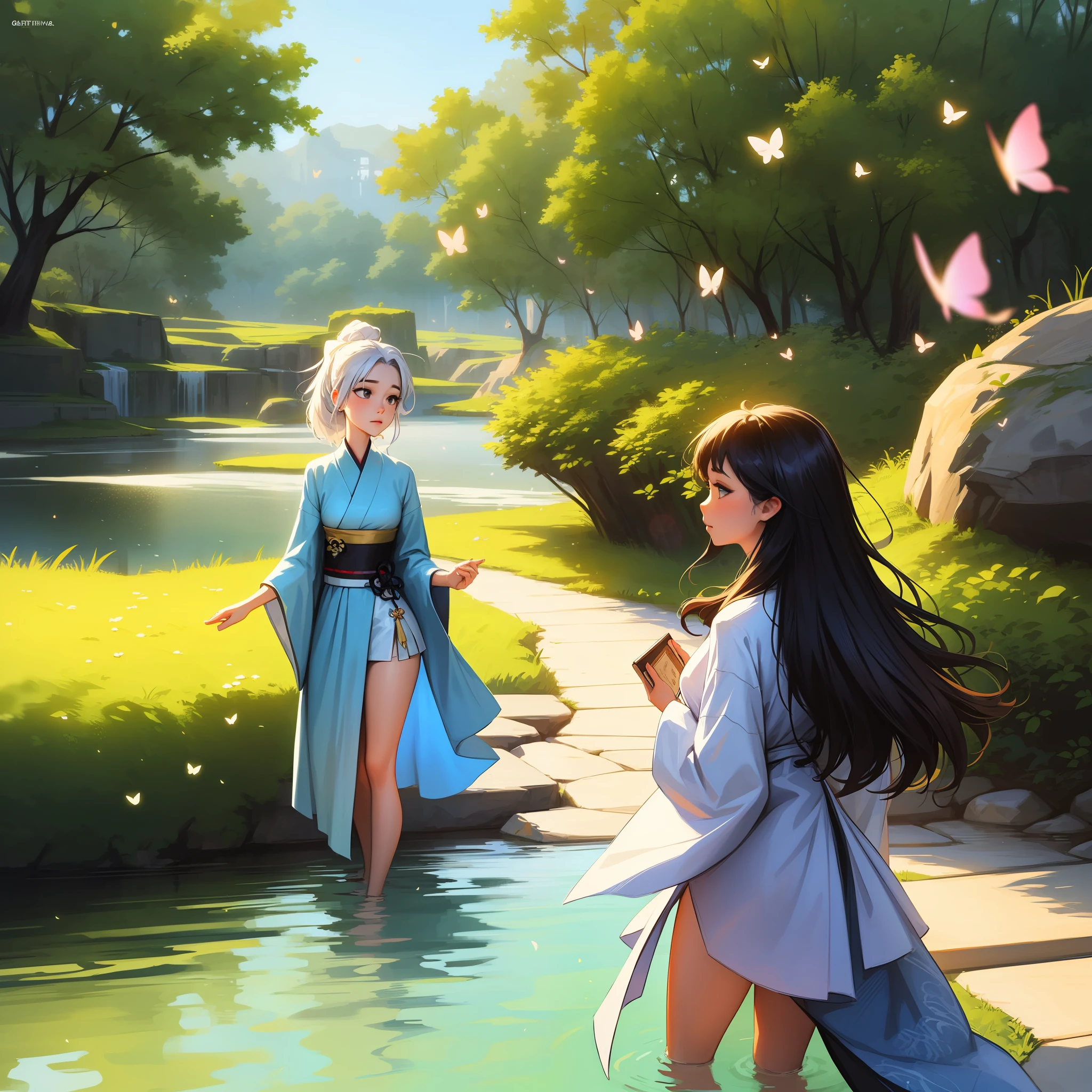 Anime girl standing in water in blue dress，Butterfly in hand, White-haired god, Keqing from Genshin Impact, Guweiz in Pixiv ArtStation, trending on artstation pixiv, Beautiful teenage girl, by Yang J, Guweiz on ArtStation Pixiv, Kushatt Krenz Key Art Women, water fairy, Palace ， A girl in Hanfu，Bare legged，Superskirt --auto