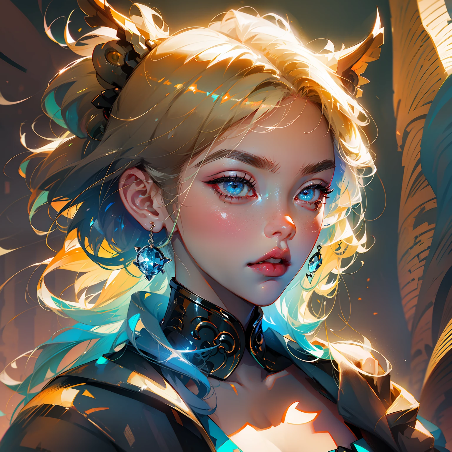 black hair, hair bobbles, wince, longeyelashes, solid circle eyes, fake animal ears, light smile, ear blush, fang, blonde hair, beret, clenched teeth, Surrealism, drop shadow, anaglyph, stereogram, tachi-e, pov, atmospheric perspective, Surrealism, cinematic lighting, pov, Robots behind you, 8k, super detail, ccurate, best quality, UHD --auto