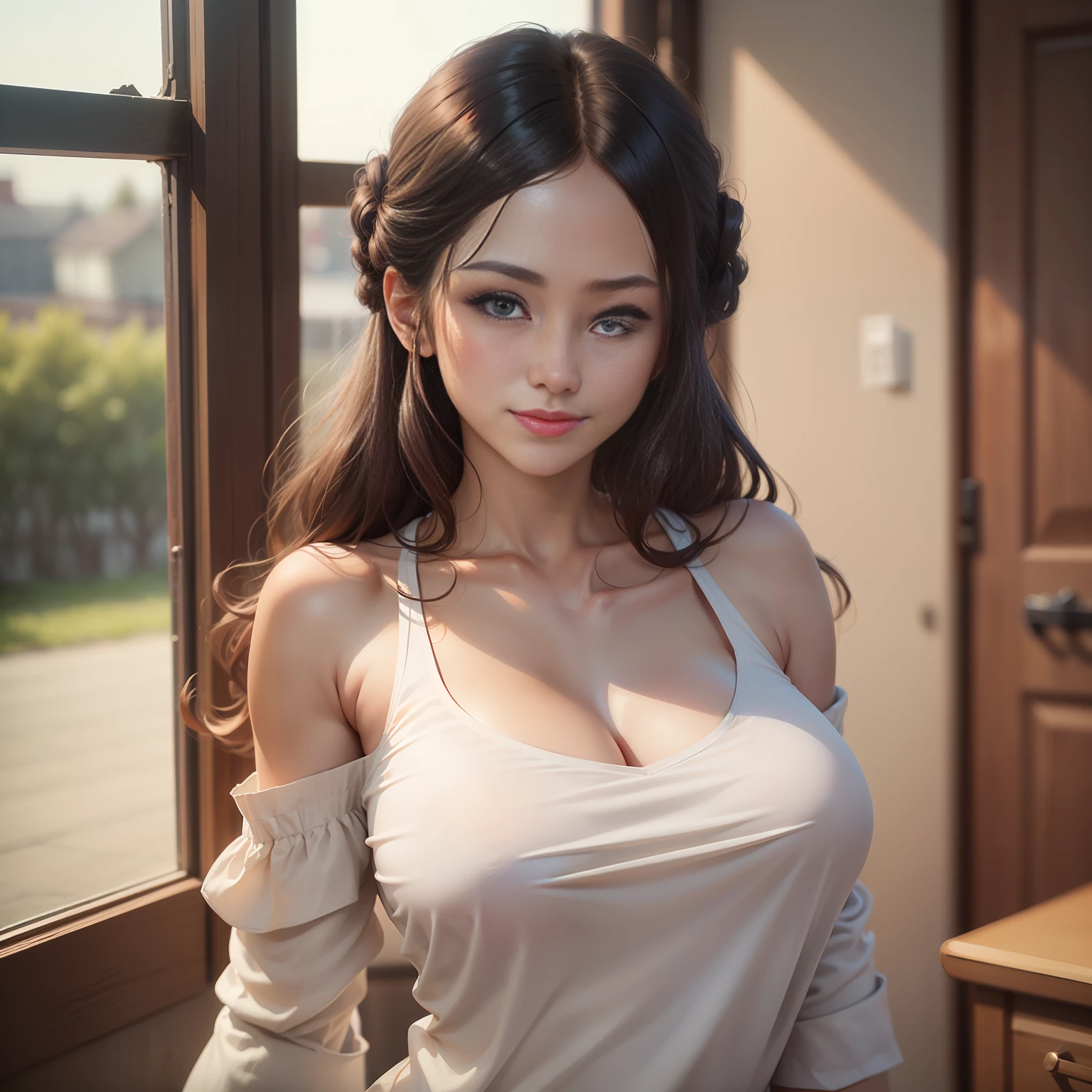 ((Best Picture Quality, 8k, tmasterpiece:1.3)), 1girl, Beautiful woman with slender abs:1.3, (Casual hairstyle, No leakage of big breasts:1.2), shift dresses:1.1, Ultra-fine face, A detailed eye, 二重まぶた，ssmile，Home、sofe