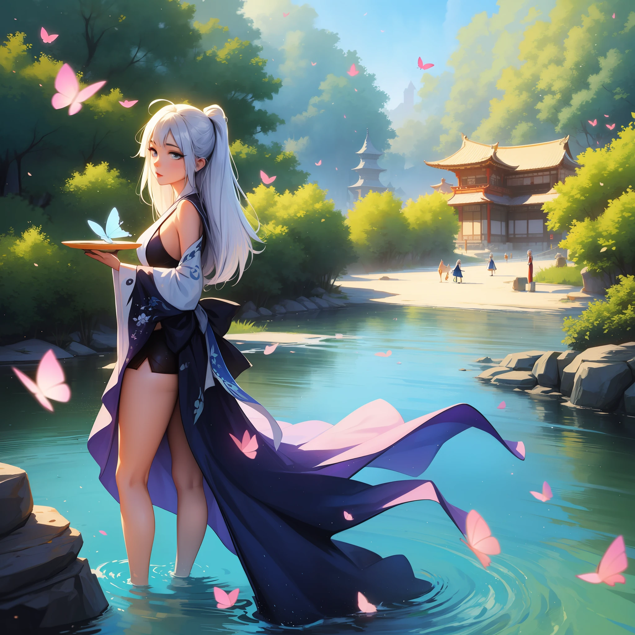 Anime girl standing in water in blue dress,Butterfly in hand, White-haired god, Keqing from Genshin Impact, Guweiz in Pixiv ArtStation, trending on artstation pixiv, Beautiful age girl, by Yang J, Guweiz on ArtStation Pixiv, Kushatt Krenz Key Art Women, water fairy, Palace , A girl in Hanfu,Bare legged,Superskirt --auto