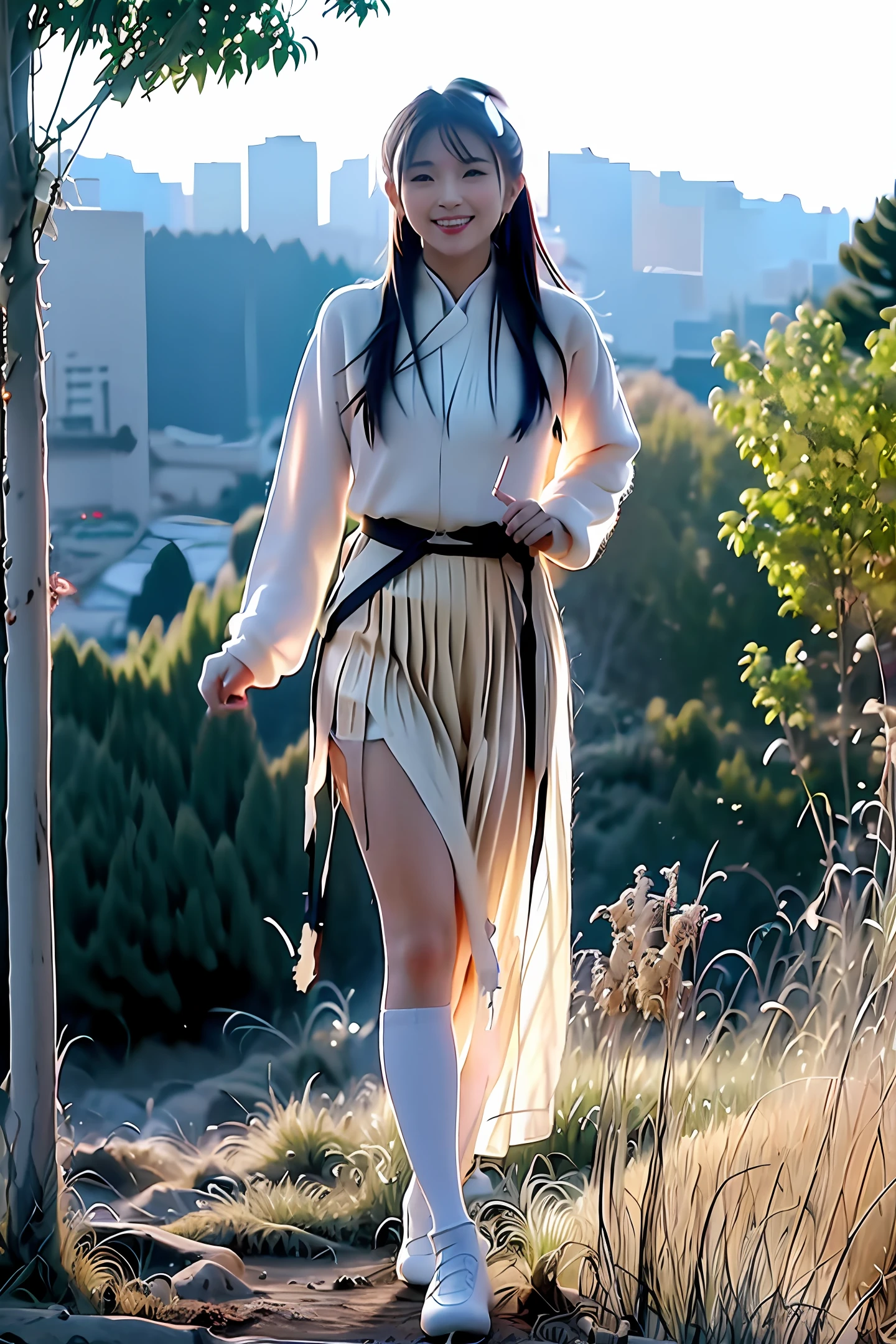 campus cute hanfu real corridor pleated mountain skirt perfect face best quality smile long black hair hairpin white stockings long legs playful pose dynamic composition,golden hour lighting