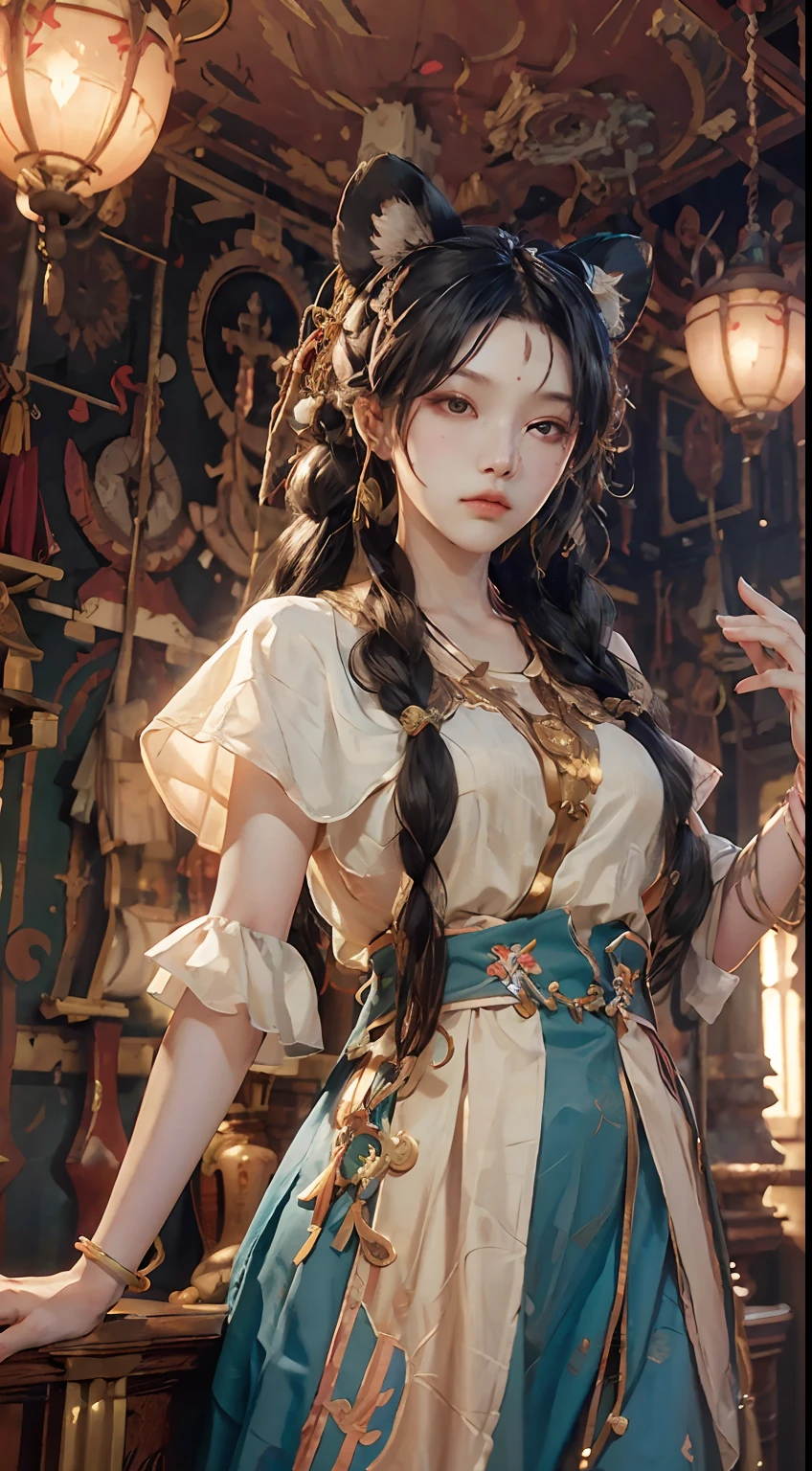 twintails, very long hair, twin braids, side braid, hair bobbles, wince, lion ears, serious, bored, Conceptual art, Social realism, interior architecture, glowing light, ray tracing, from below, retina --auto