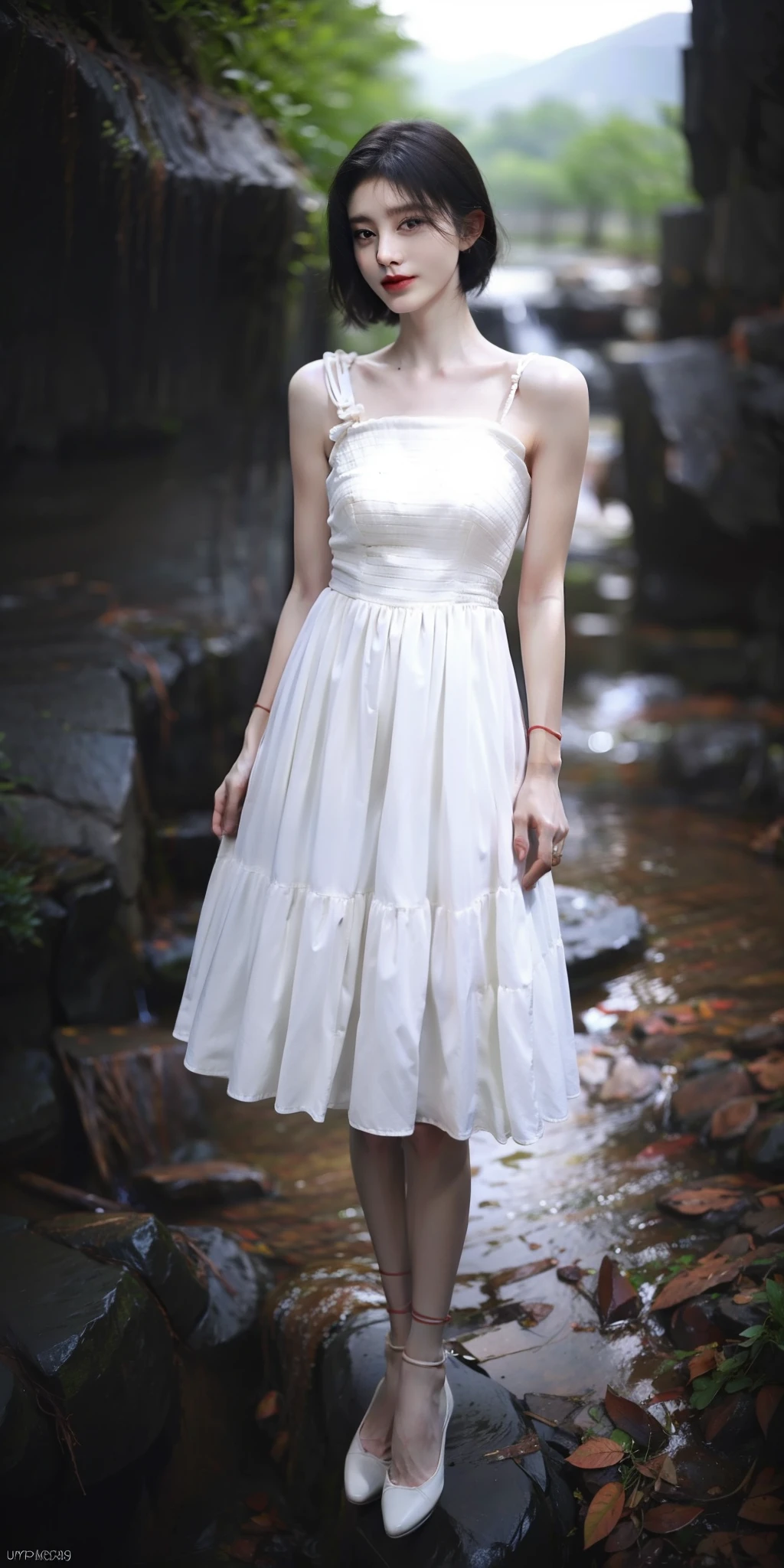 (blue printed china dress),1 girl,(short hair:1.1), (arms behind back:1.1),(realistic:1.7),((best quality)),absurdres,(ultra high res),(photorealistic:1.6),photorealistic,octane render,(hyperrealistic:1.2), (photorealistic face:1.2), (8k), (4k), (Masterpiece),(realistic skin texture), (illustration, cinematic lighting,wallpaper),( beautiful eyes:1.2),((((perfect face)))),(cute),(standing),(black hair),(short hair),black eyes,red lips, (outdoors),