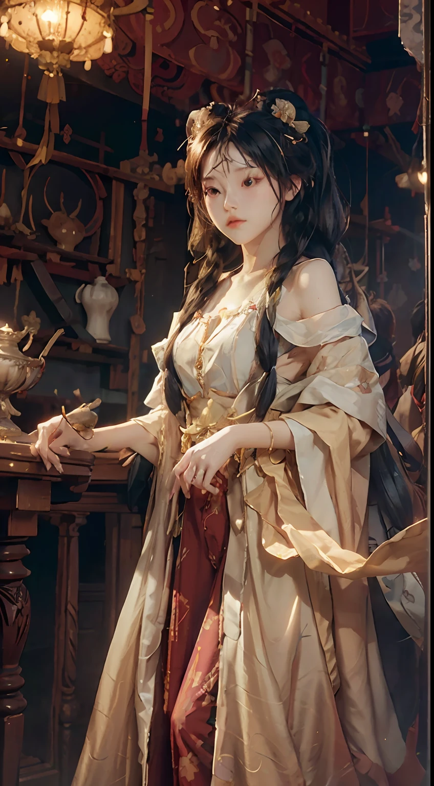twintails, very long hair, twin braids, side braid, hair bobbles, wince, lion ears, serious, bored, Conceptual art, Social realism, interior architecture, glowing light, ray tracing, from below, retina --auto