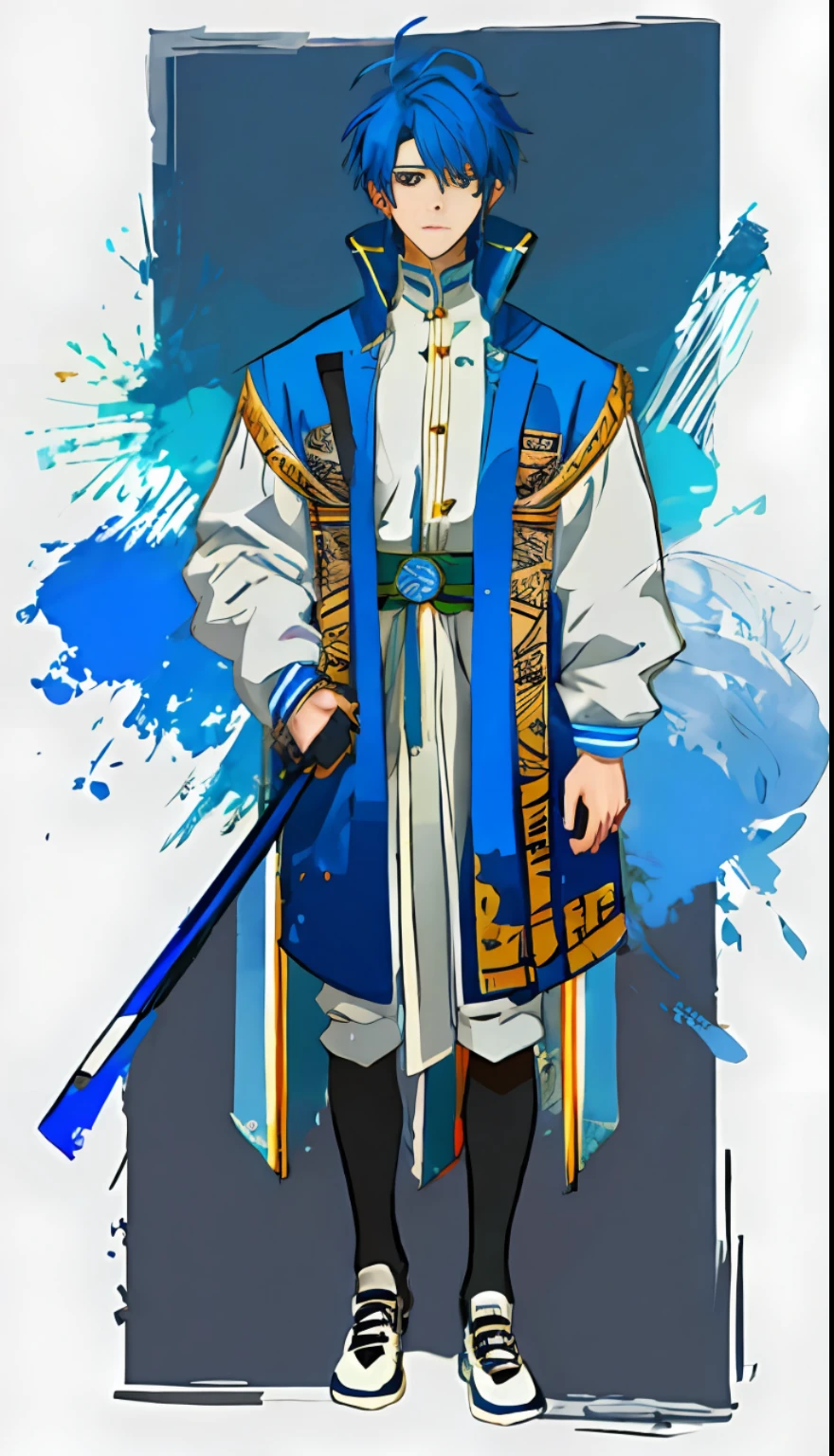 A painting of a man with blue hair and a white jacket, clean anime outlines, Outline sketch, clear outfit design, thick outline, contour drawing, Line sketch!!, Line art!!, Outlined!!!, Line sketch, full body concept, clean lineart, heavy outline, thick outline, inspired by Kamisaka Sekka, Full body character drawing, outlines，Handsome boy whose hair is black and gradient blue
