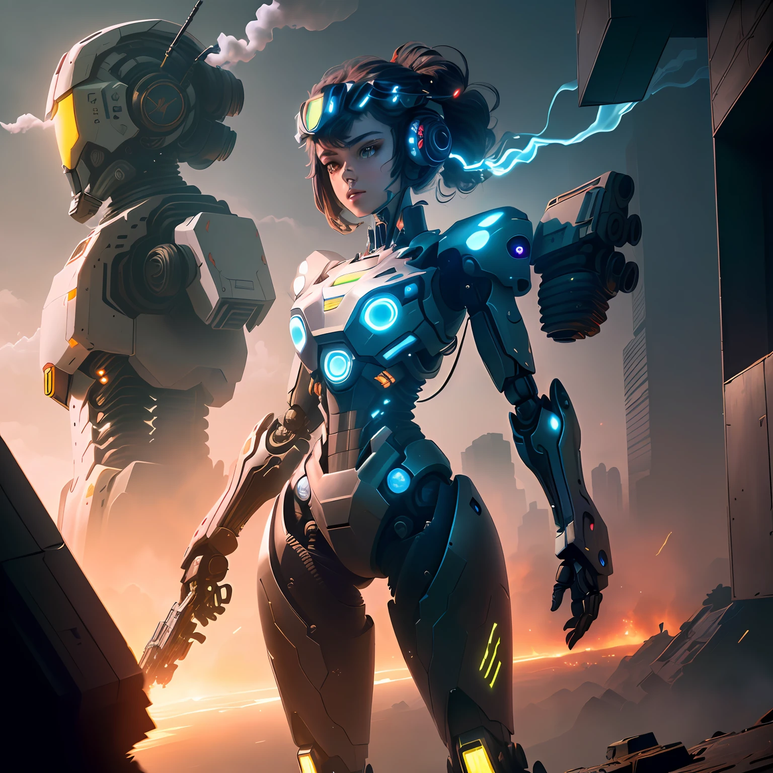 A cyberpunk robot stands behind a mecha-clad girl in the background, after the apocalypse