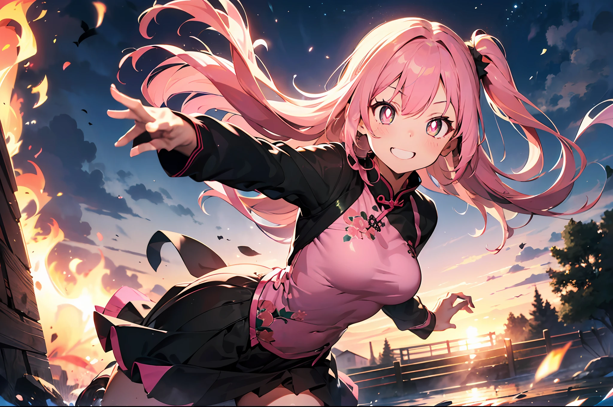 fire、Fire Circle:1.5、fullllbody(((masutepiece))),((ultra-detailliert,Best Quality, hight resolution)), (1 girl)((Pink hair, Long hair,Straight hair,two side up)) (Green eyes),eyeshadows, eye line,gloweyes, ultradetailed eyes, intricate eyes, Beautiful eyes, ((Glowing pink pupils))18-year-old girl.A smile。wearing cheongsam。Low posture。Dynamic attack poses